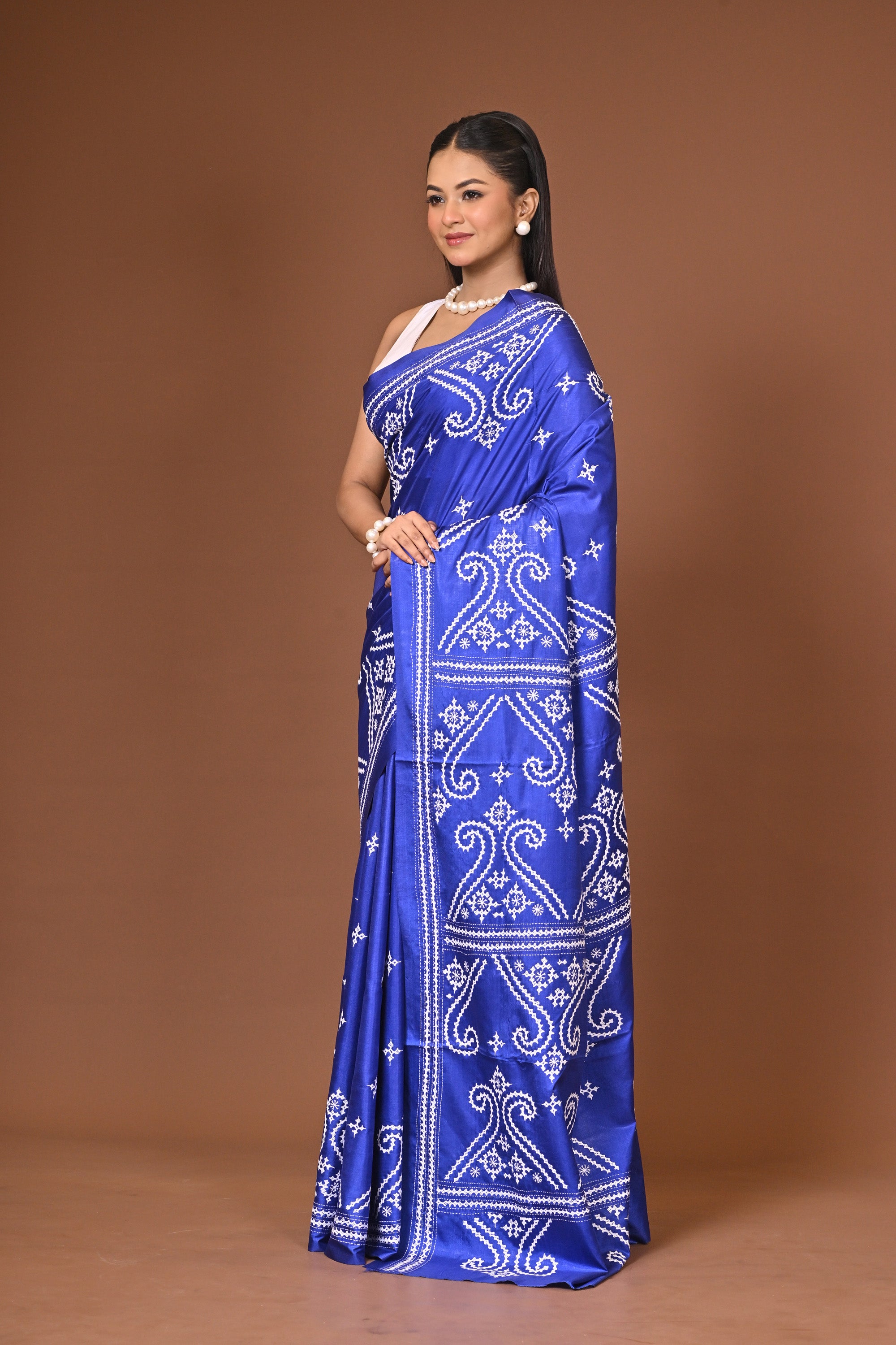 Blended Silk Kantha Stitch Saree Royal Blue Thumbnail