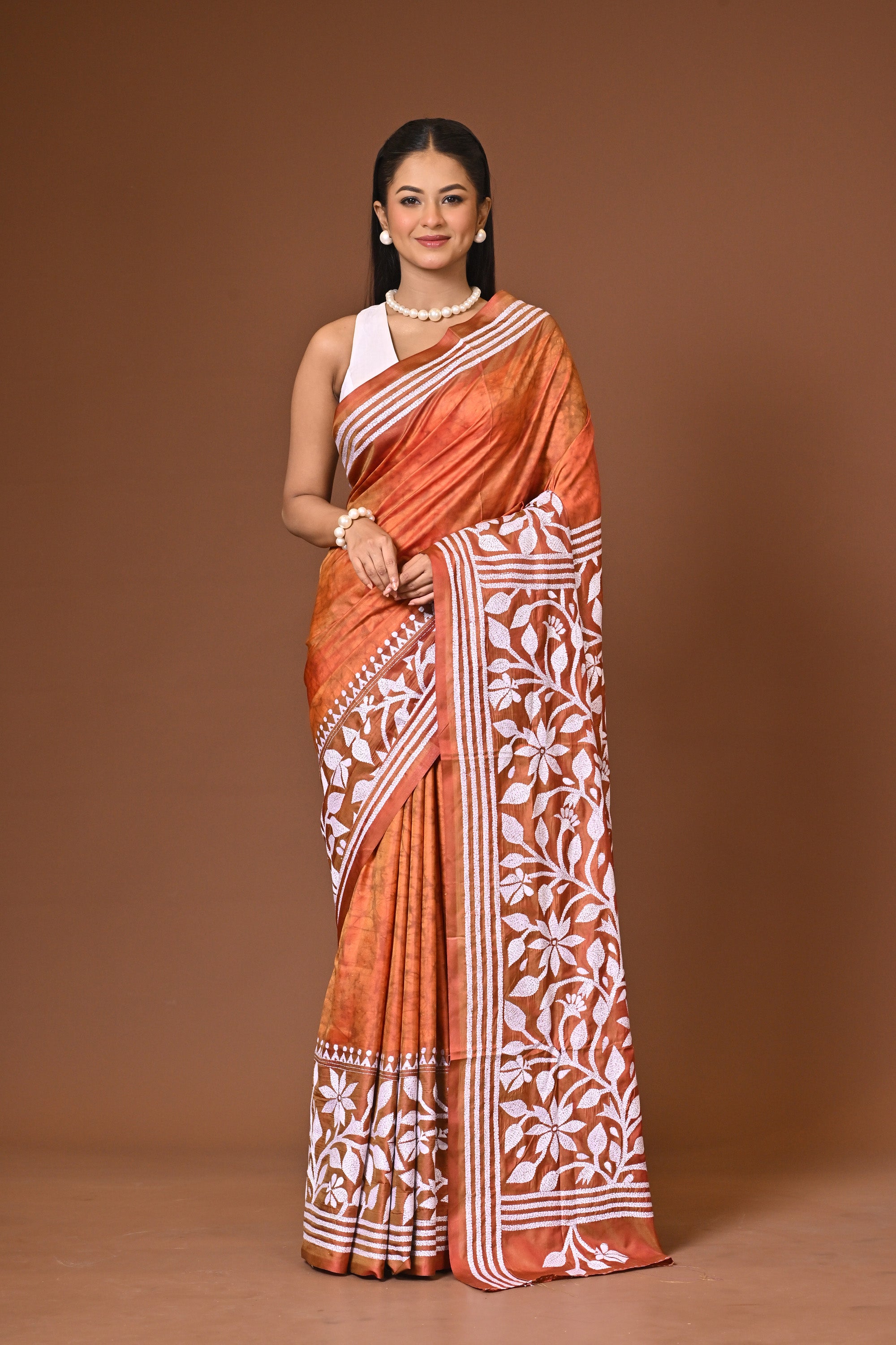 Blended Silk Kantha Stitch Saree Rust