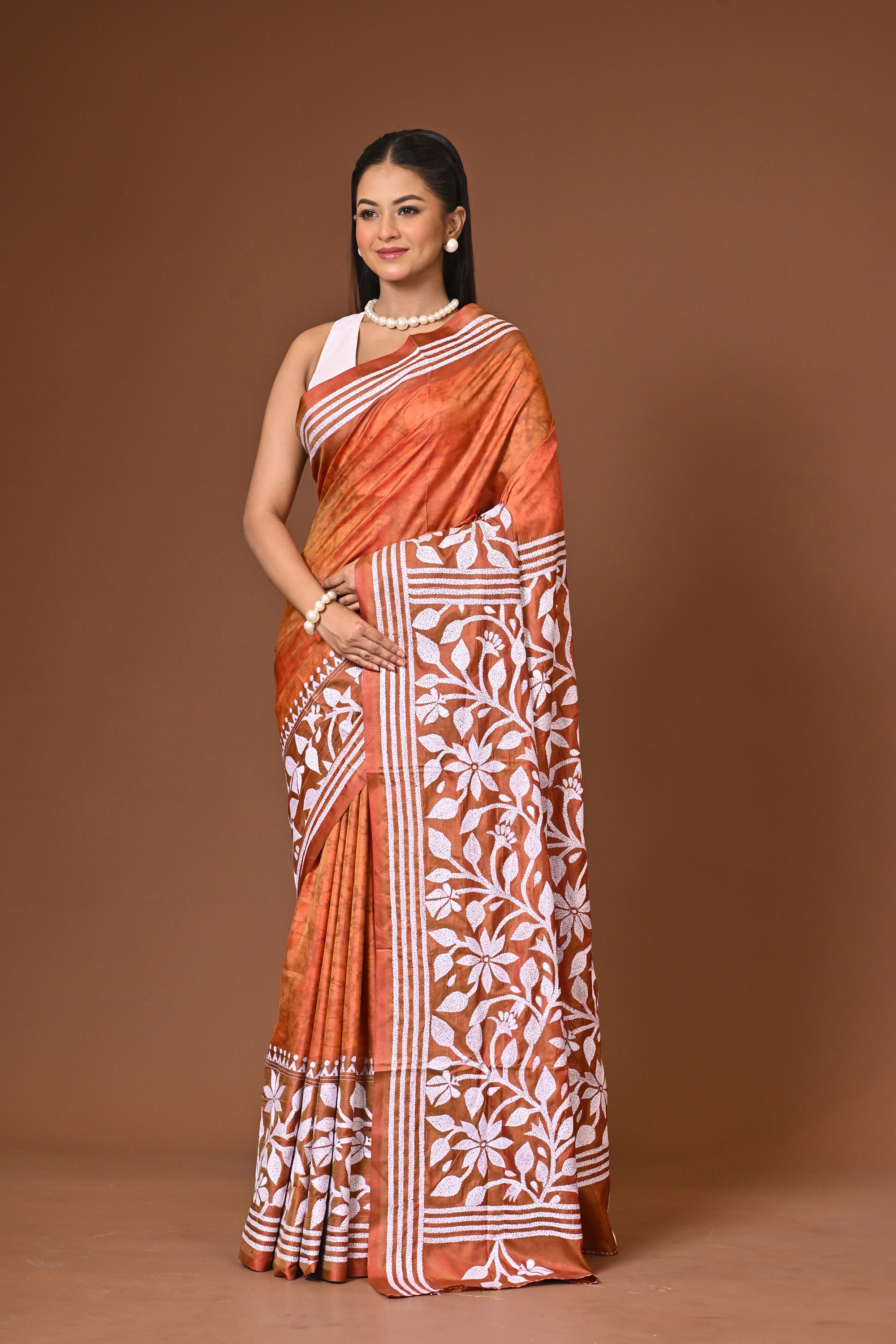 Blended Silk Kantha Stitch Saree Rust Thumbnail