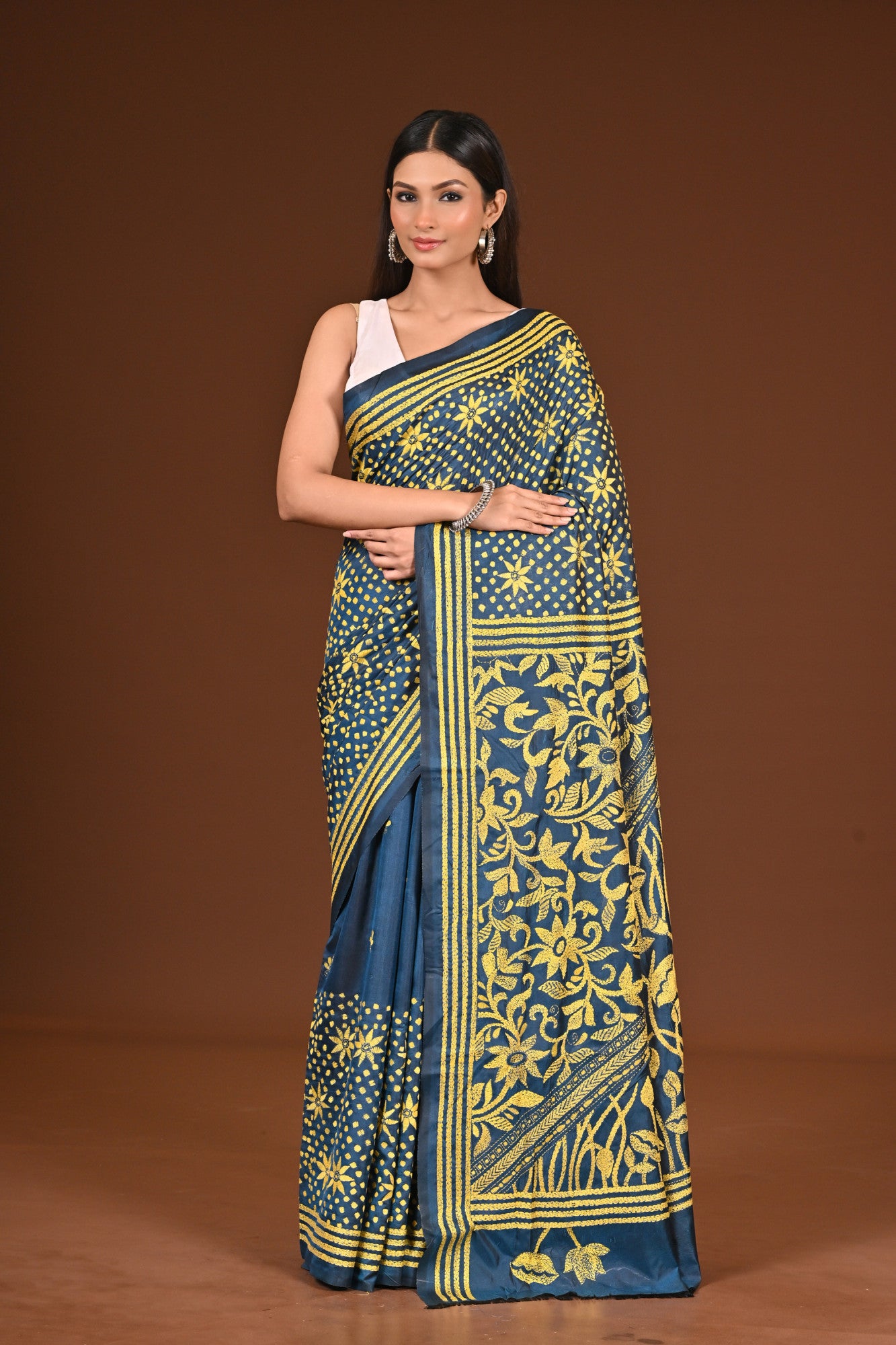 Blended Silk Kantha Stitch Saree Sea Blue