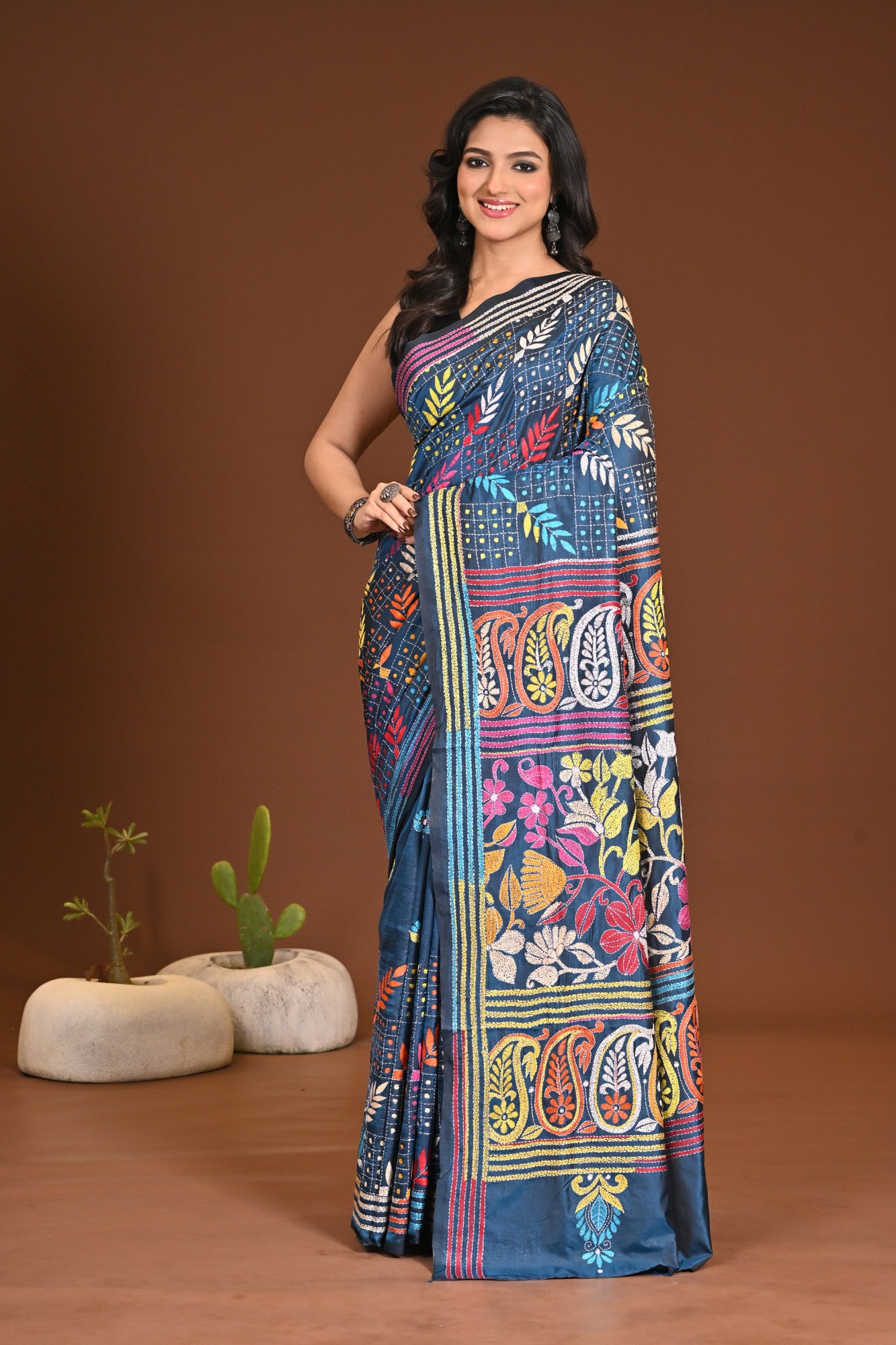 Blended Silk Kantha Stitch Saree Sea Blue