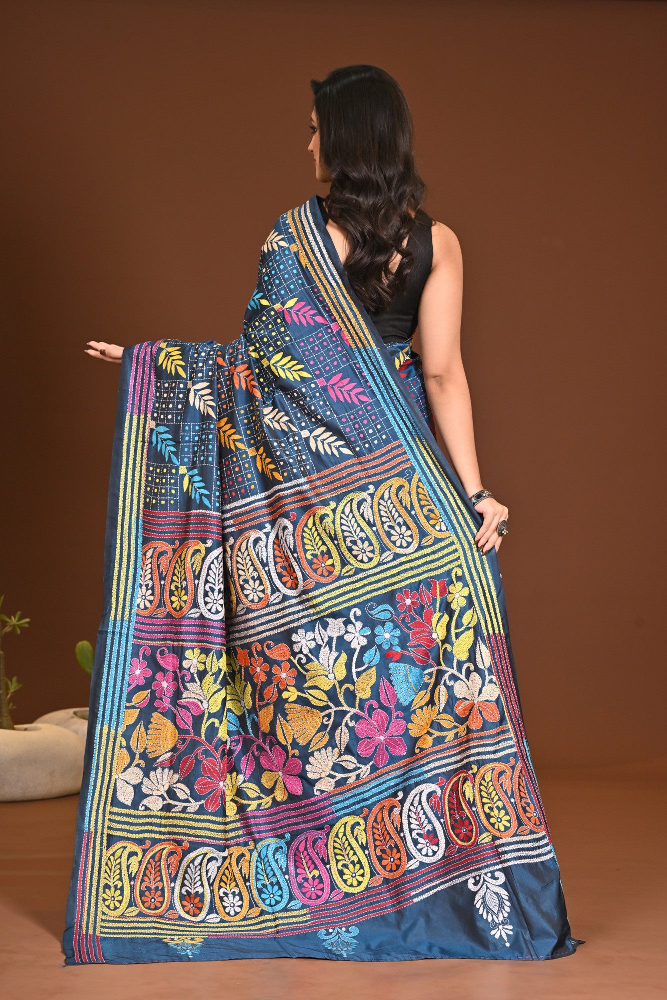 Blended Silk Kantha Stitch Saree Sea Blue Thumbnail
