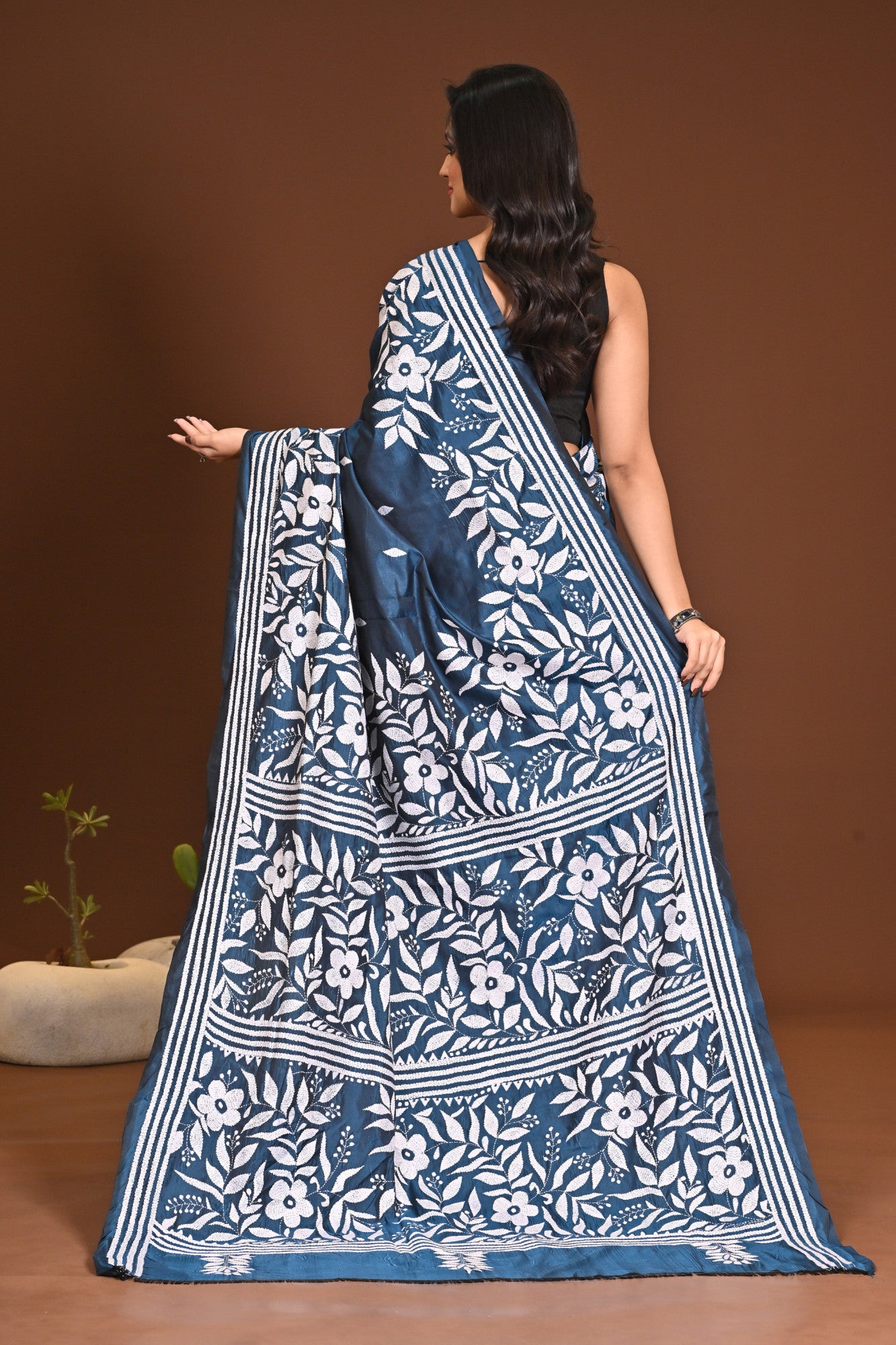 Blended Silk Kantha Stitch Saree Sea Blue Thumbnail