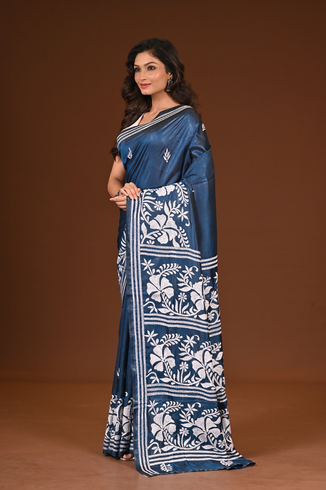 Blended Silk Kantha Stitch Saree  Sea Blue Thumbnail