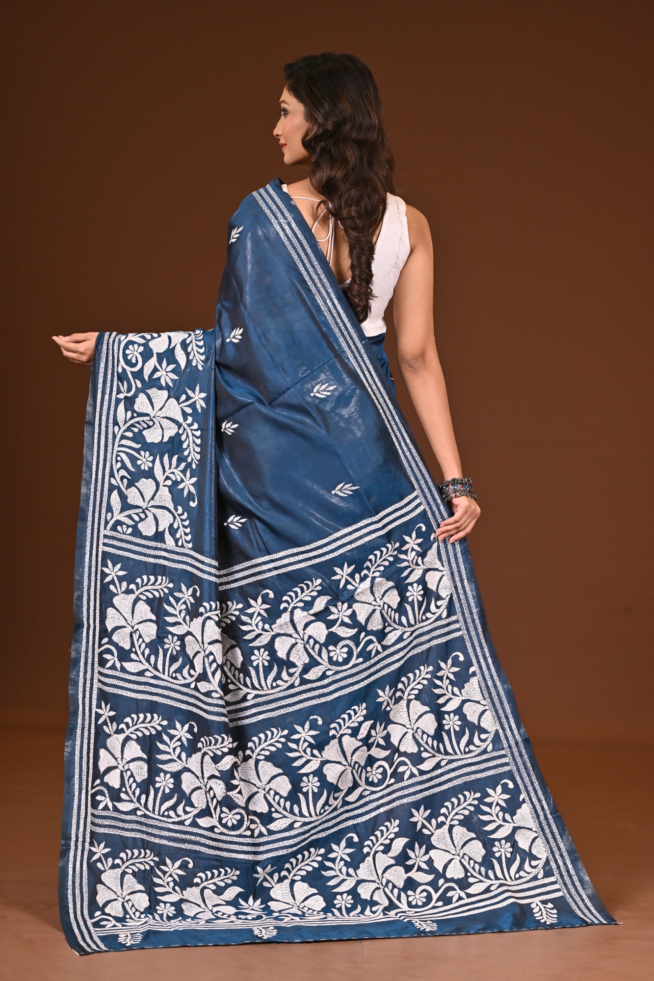 Blended Silk Kantha Stitch Saree  Sea Blue Thumbnail