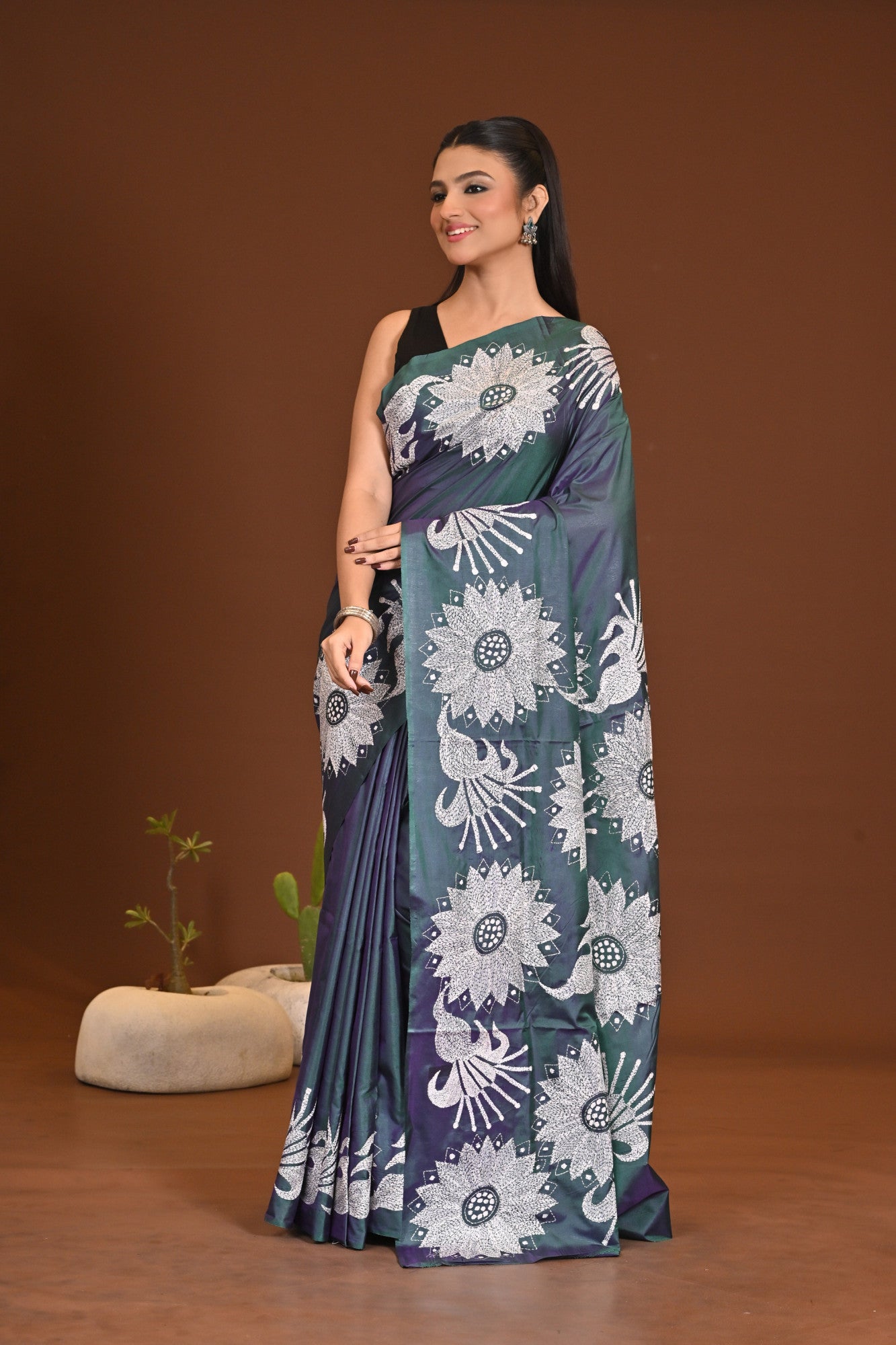 Blended Silk Kantha Stitch Saree Sea Green Thumbnail