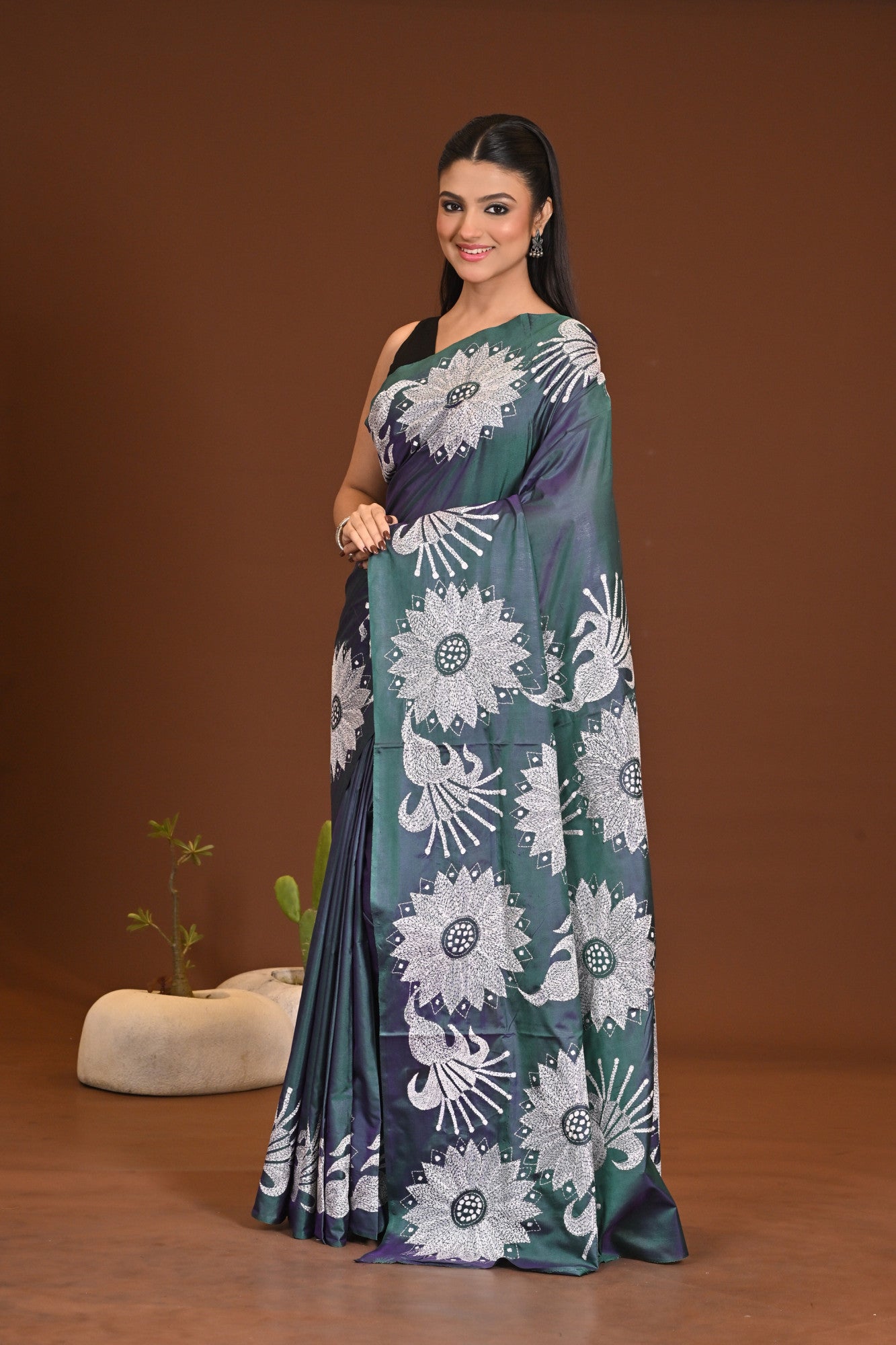 Blended Silk Kantha Stitch Saree Sea Green Thumbnail