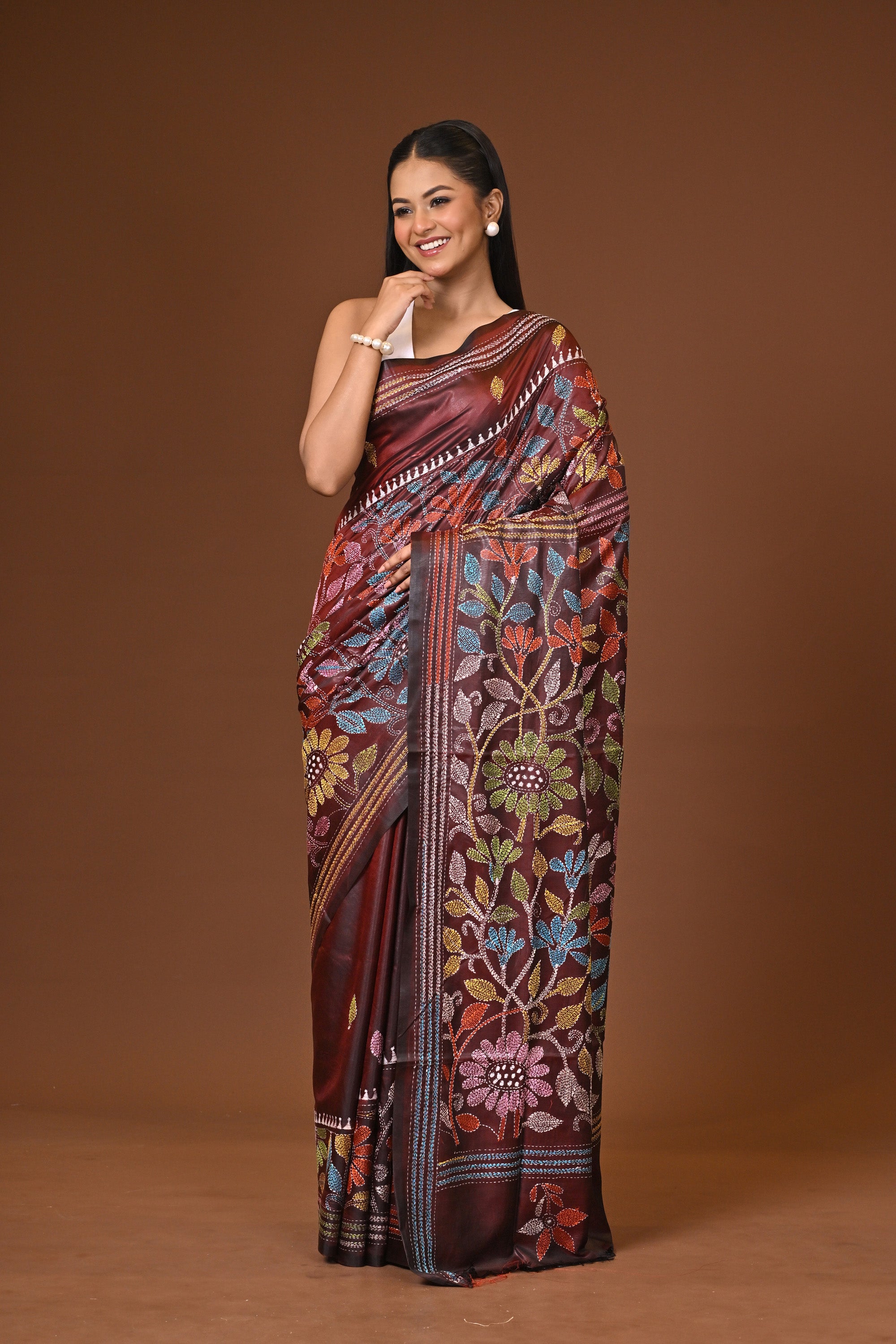 Blended Silk Kantha Stitch Saree Velvet Brown