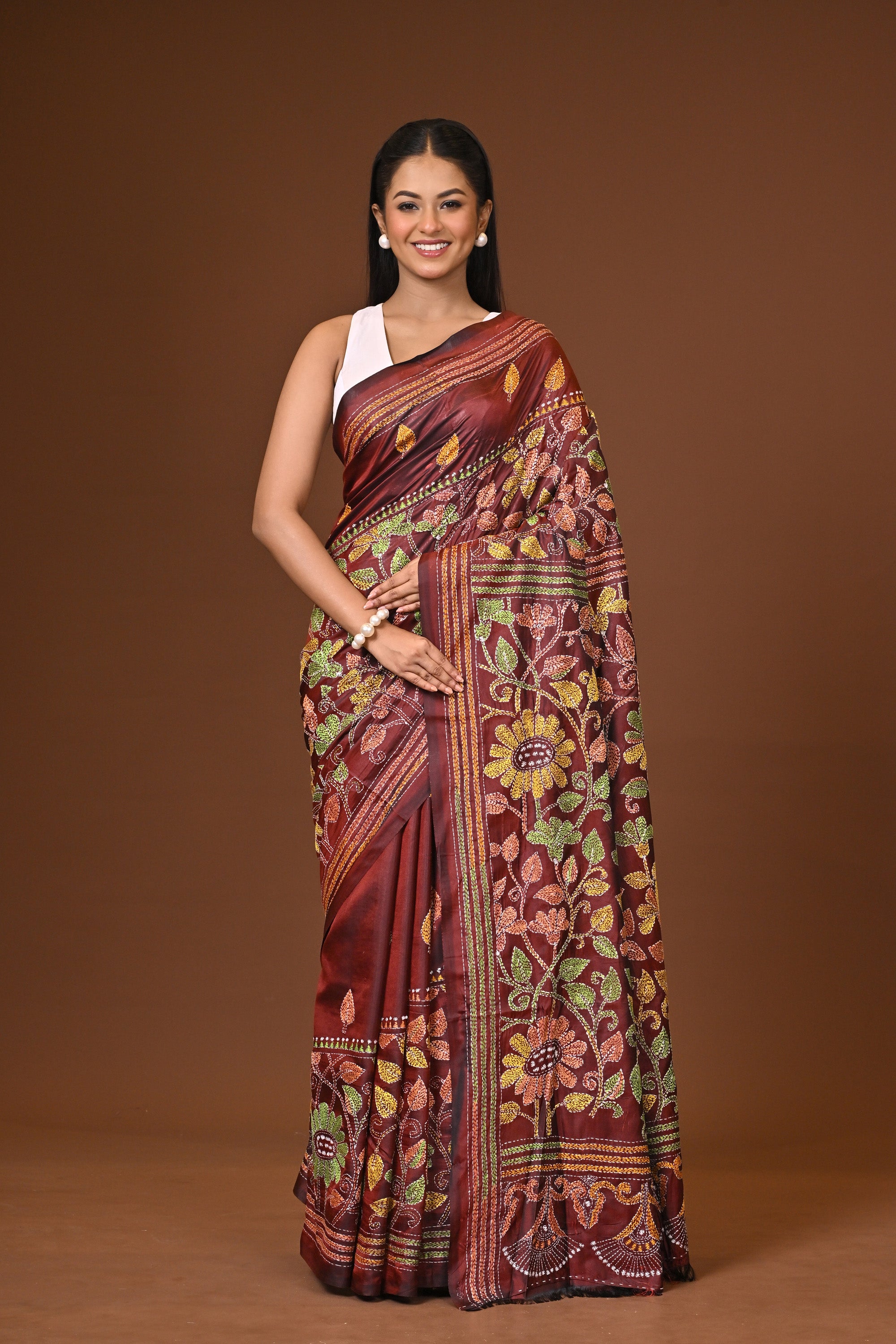 Blended Silk Kantha Stitch Saree Velvet Brown