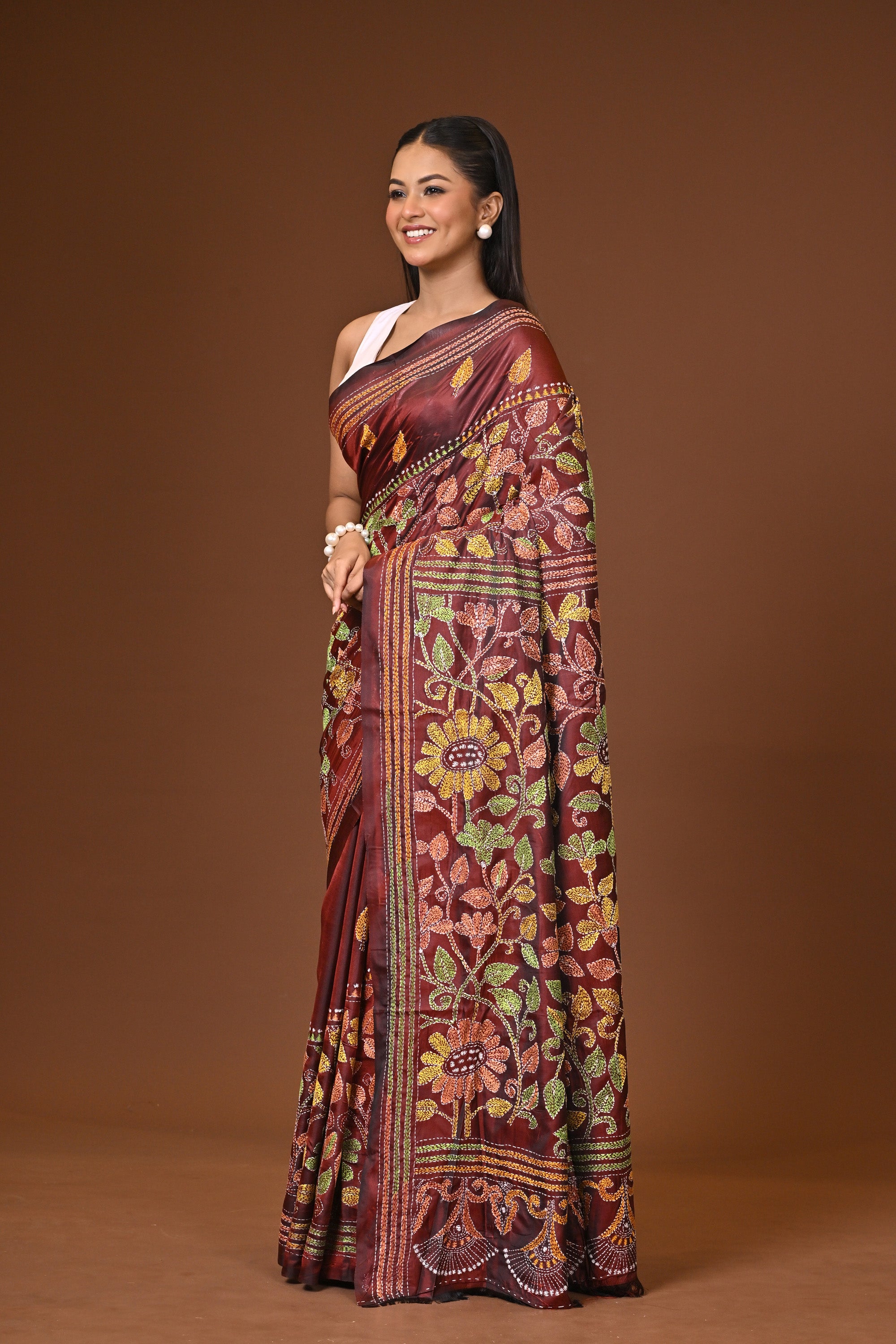Blended Silk Kantha Stitch Saree Velvet Brown Thumbnail