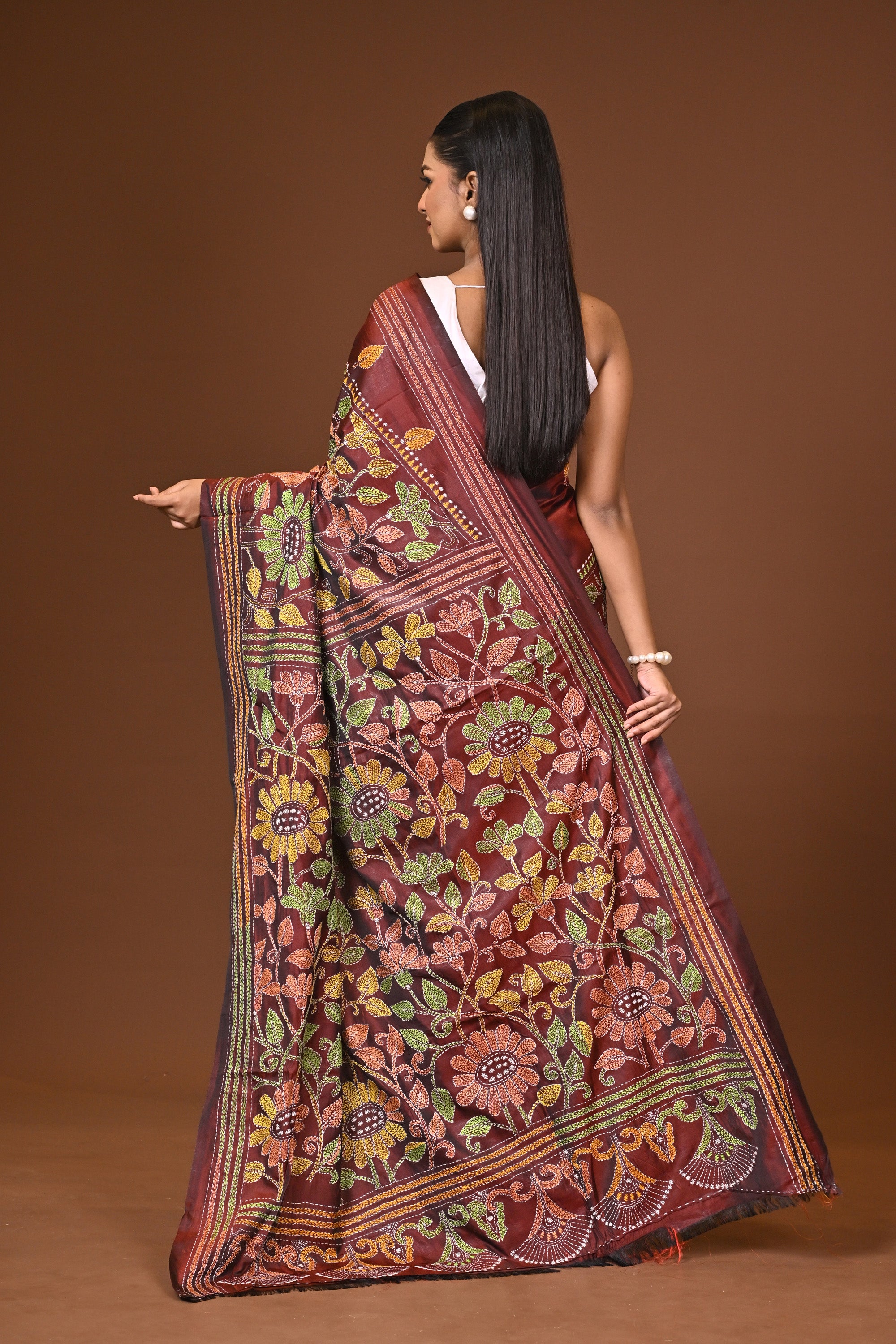 Blended Silk Kantha Stitch Saree Velvet Brown Thumbnail