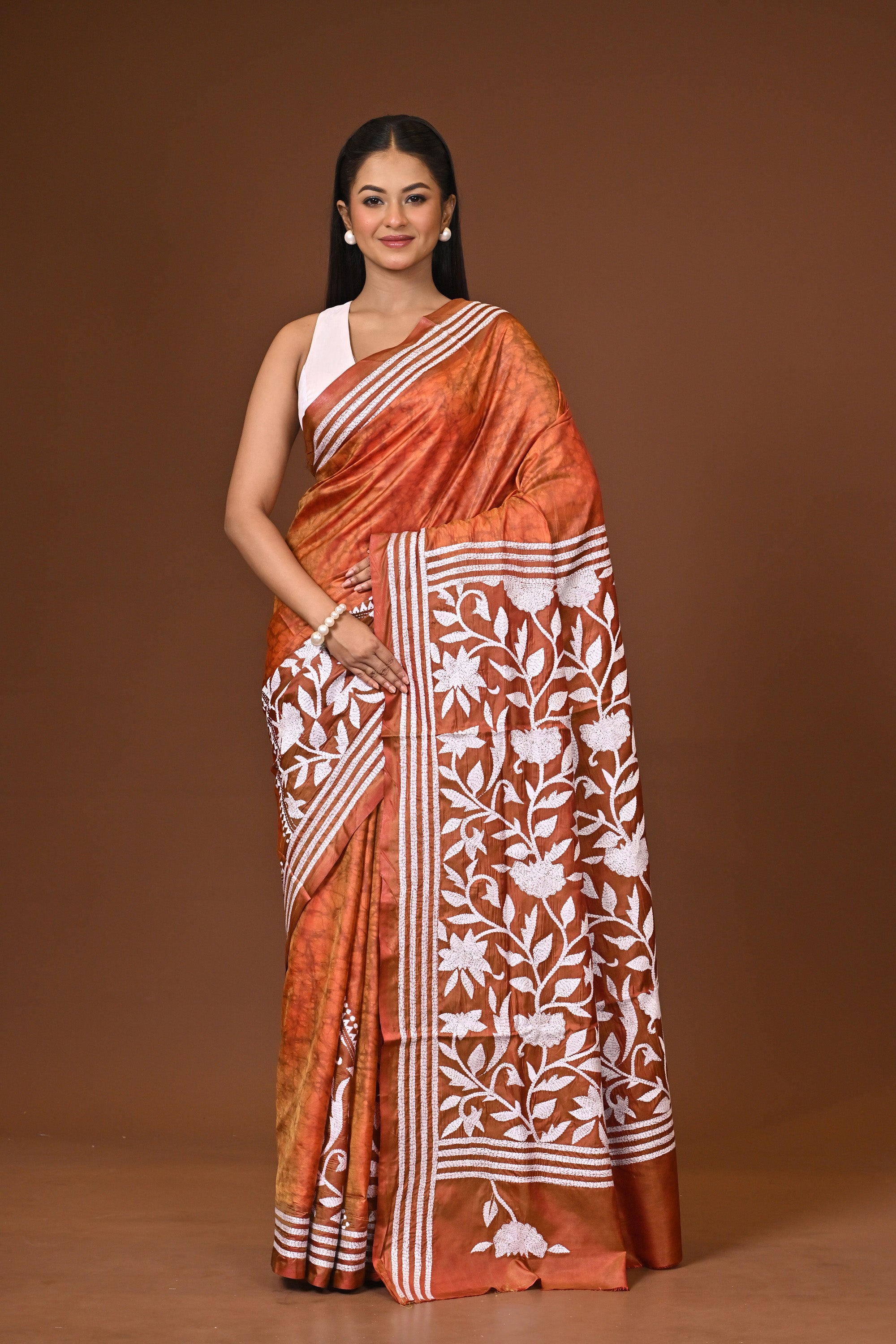 Blended Silk Kantha Stitch Saree Velvet Peach