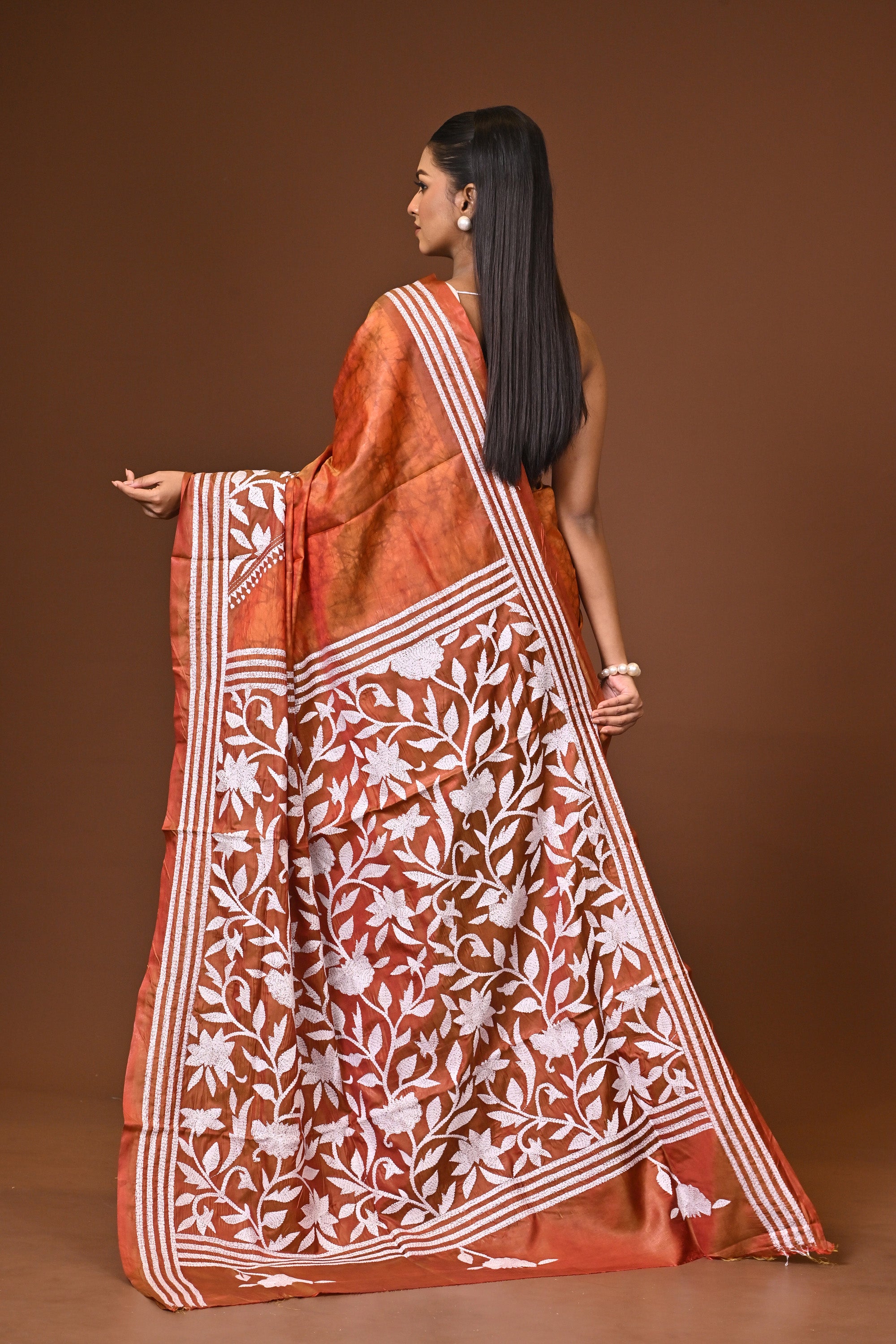 Blended Silk Kantha Stitch Saree Velvet Peach Thumbnail