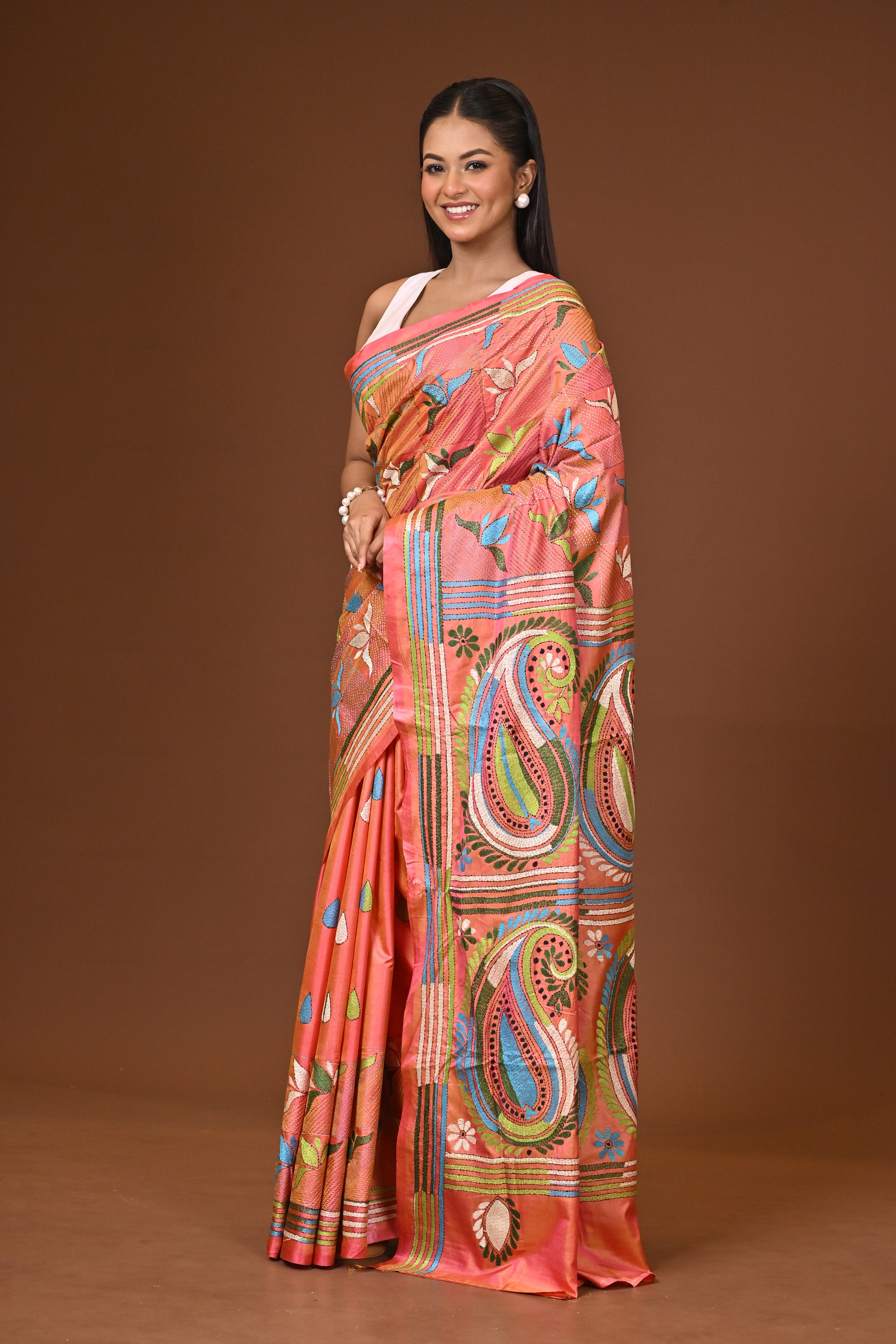 Blended Silk Kantha Stitch Saree Velvet Pink Thumbnail