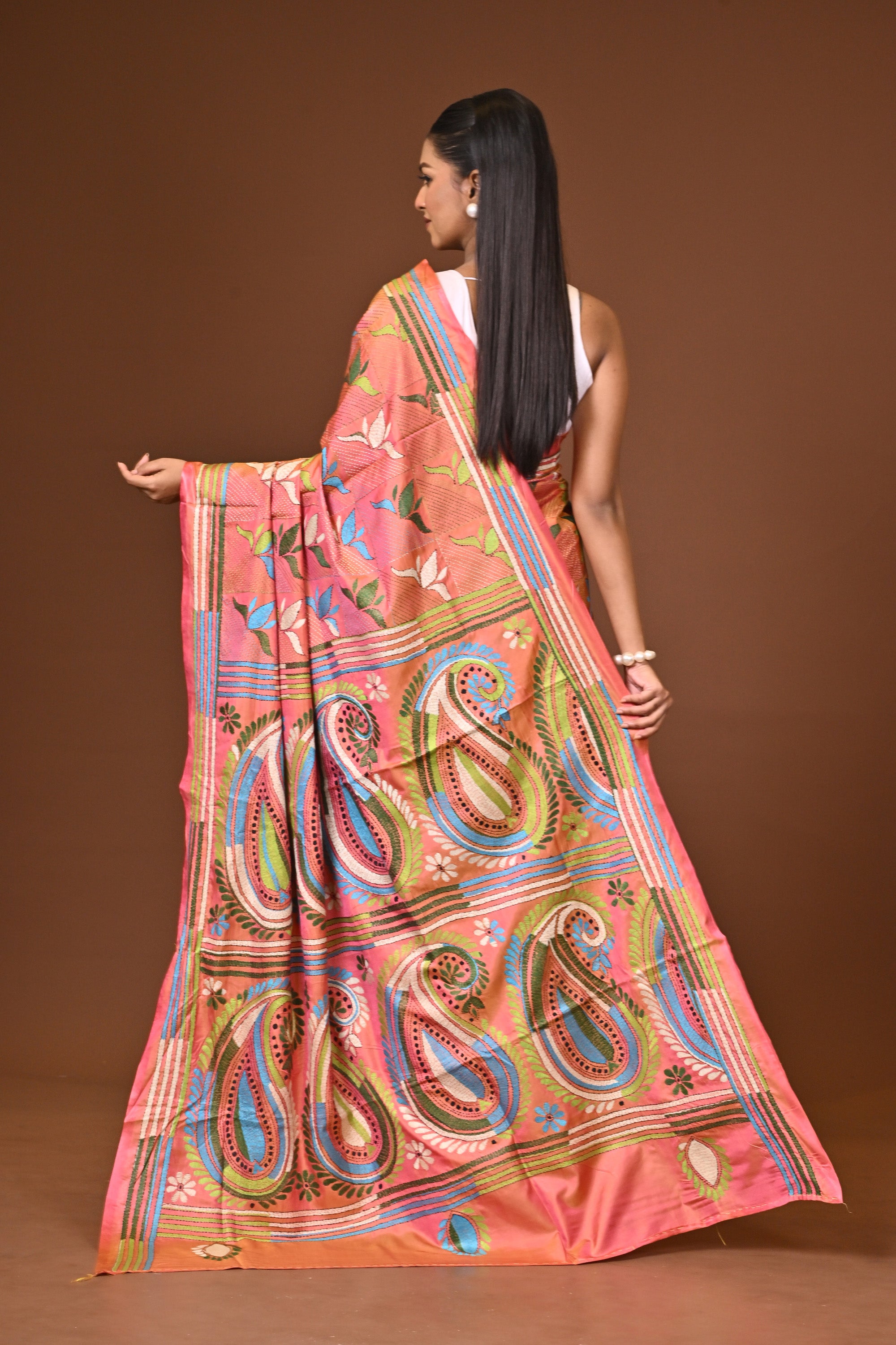 Blended Silk Kantha Stitch Saree Velvet Pink Thumbnail