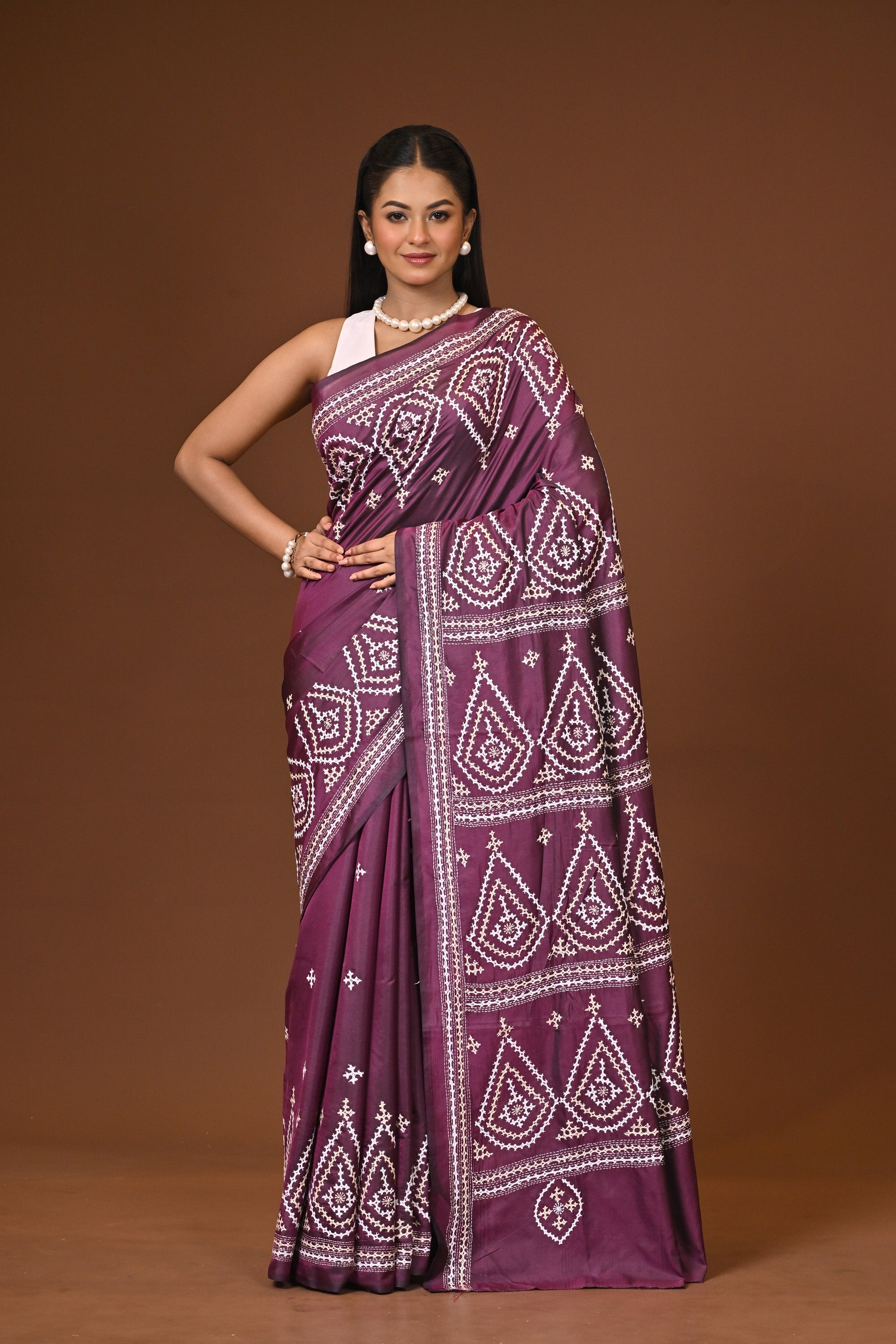Blended Silk Kantha Stitch Saree Velvet Purple Thumbnail