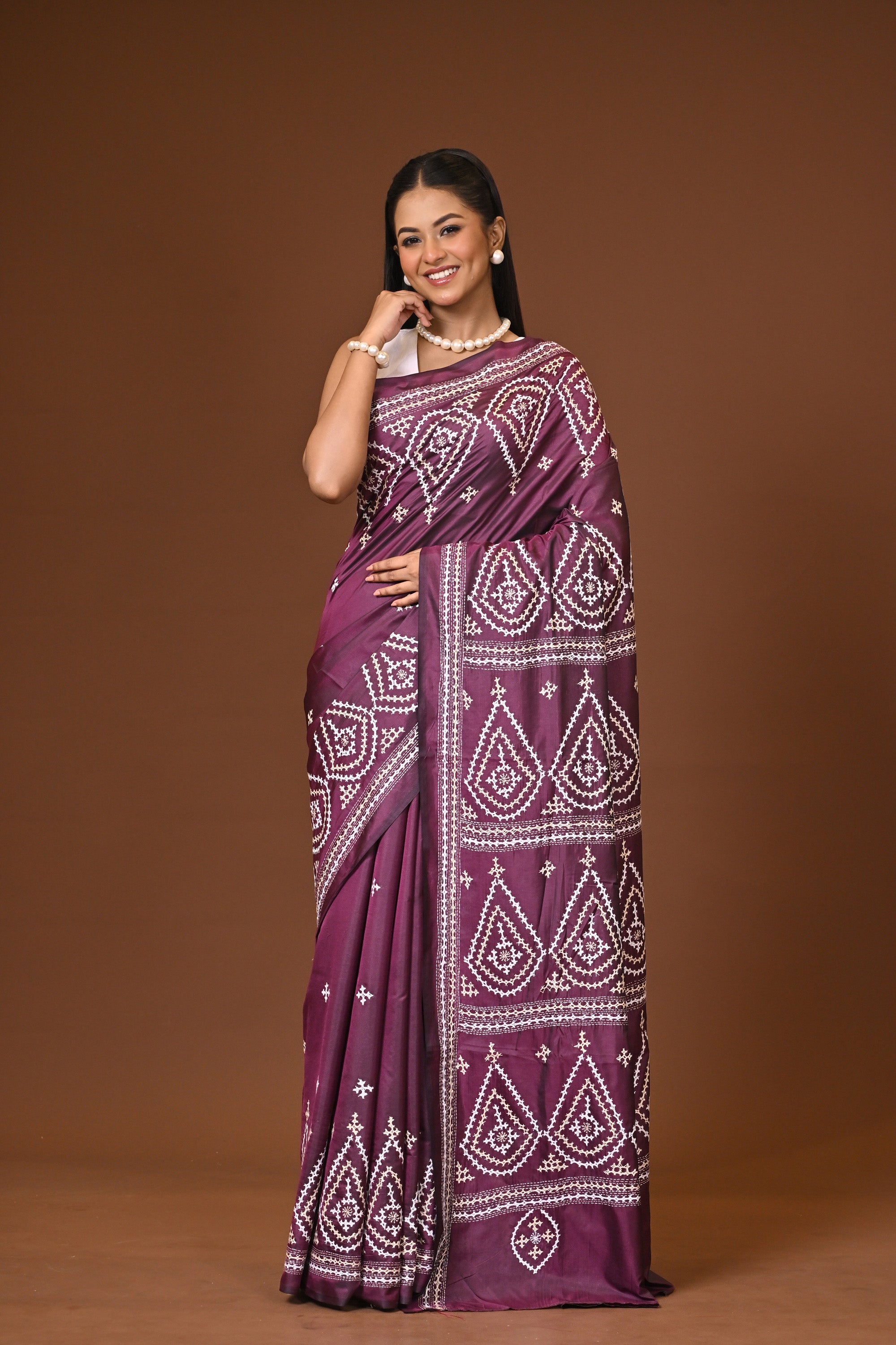 Blended Silk Kantha Stitch Saree Velvet Purple Thumbnail