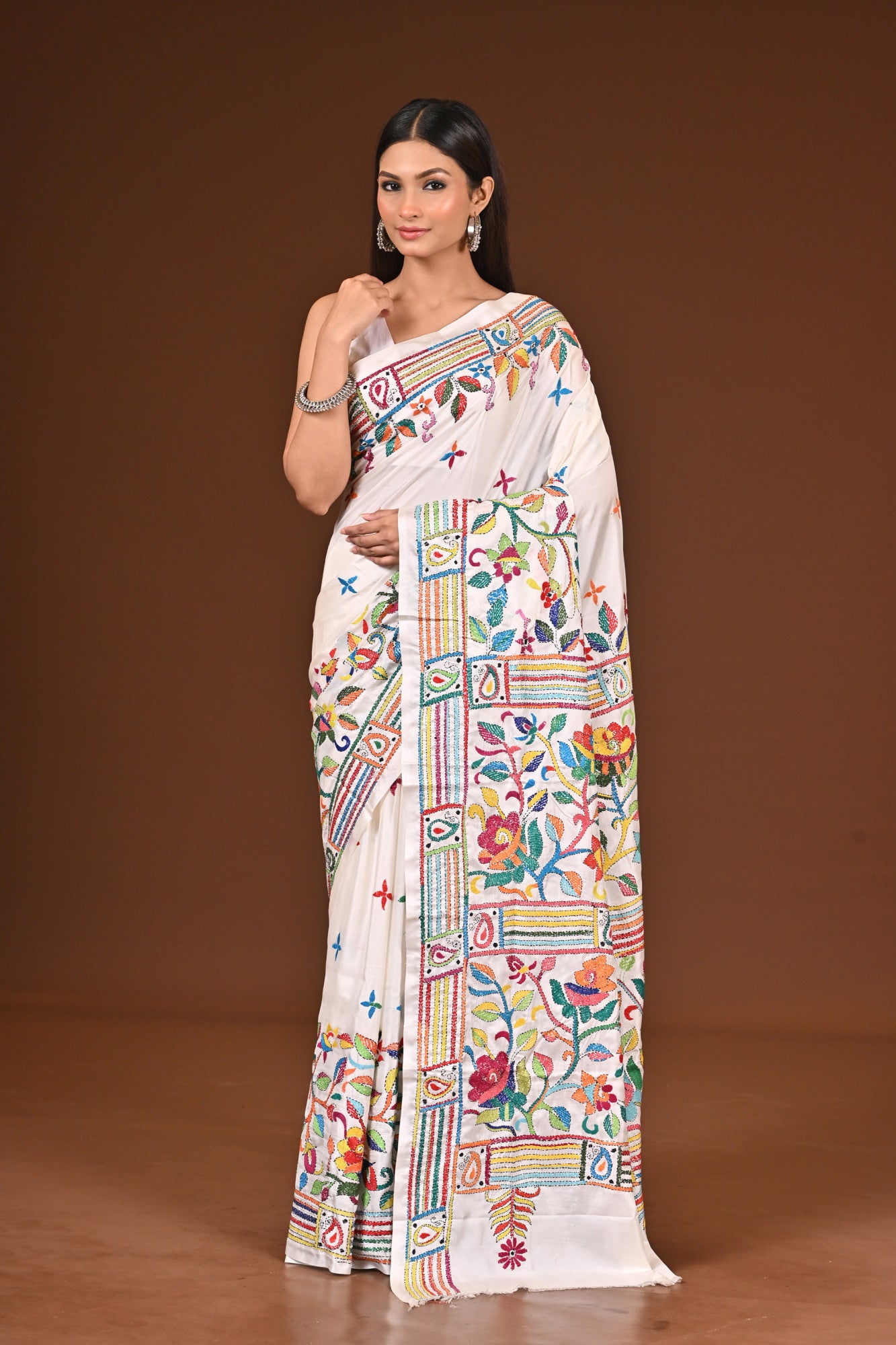 Blended Silk Kantha Stitch Saree White Thumbnail