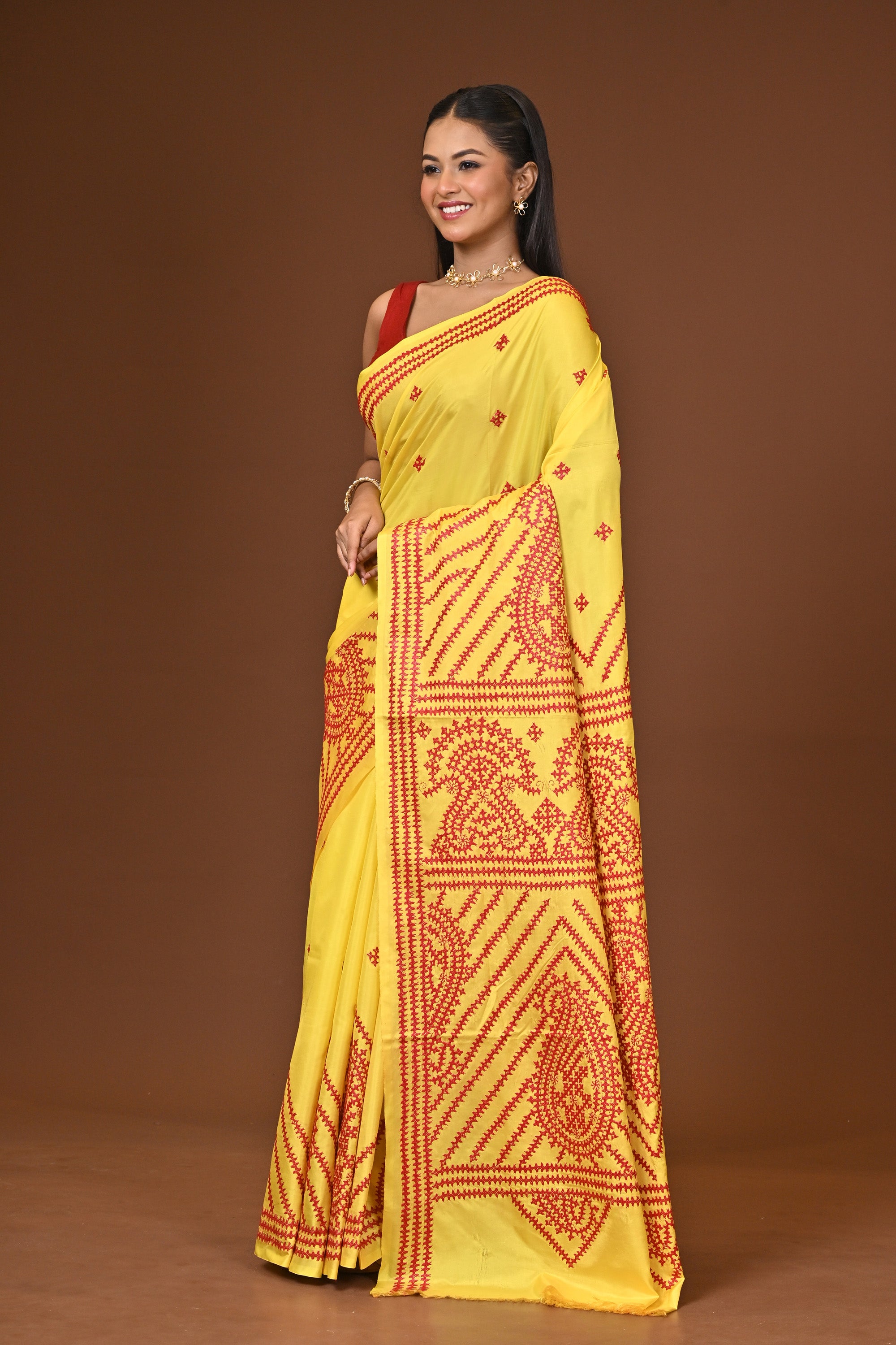 Blended Silk Kantha Stitch Saree Yellow Thumbnail