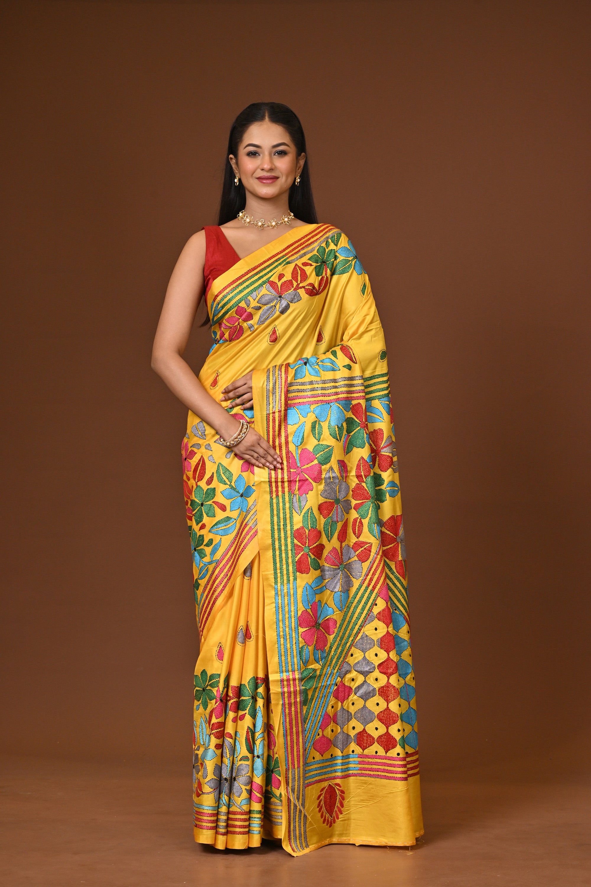 Blended Silk Kantha Stitch Saree Yellow