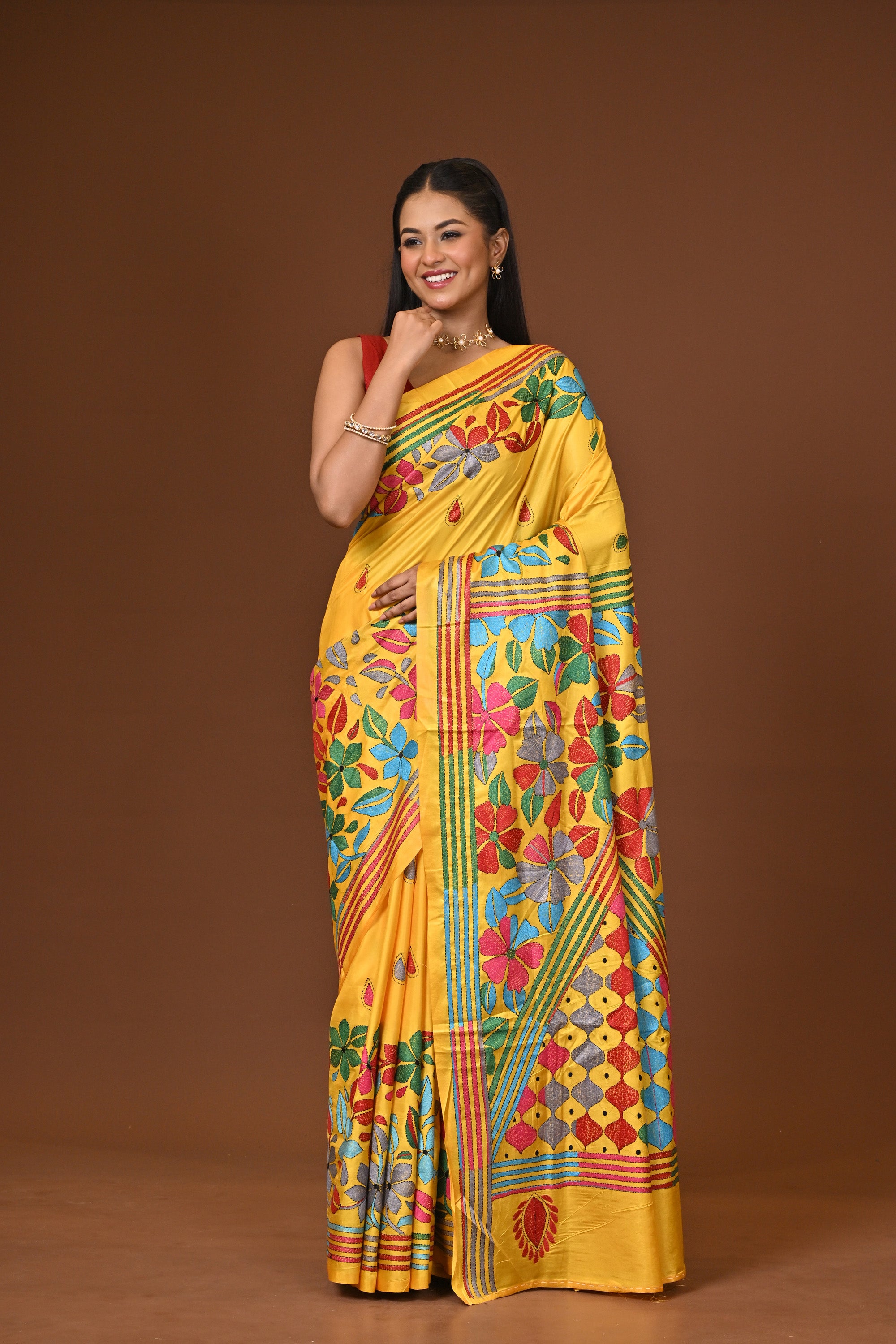 Blended Silk Kantha Stitch Saree Yellow Thumbnail