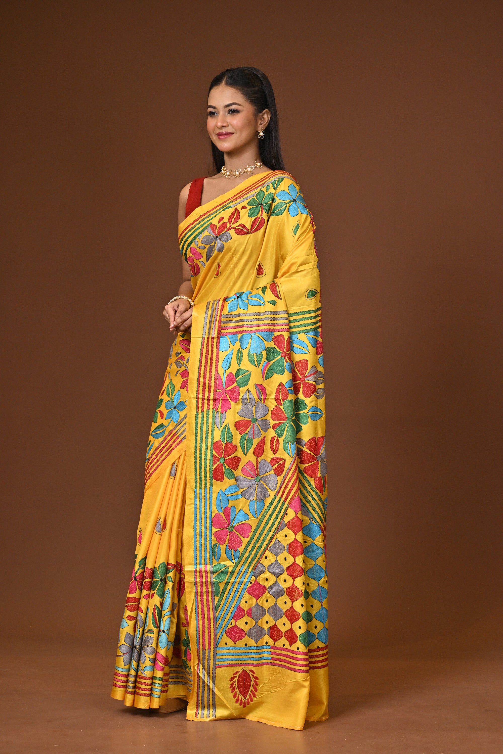 Blended Silk Kantha Stitch Saree Yellow Thumbnail