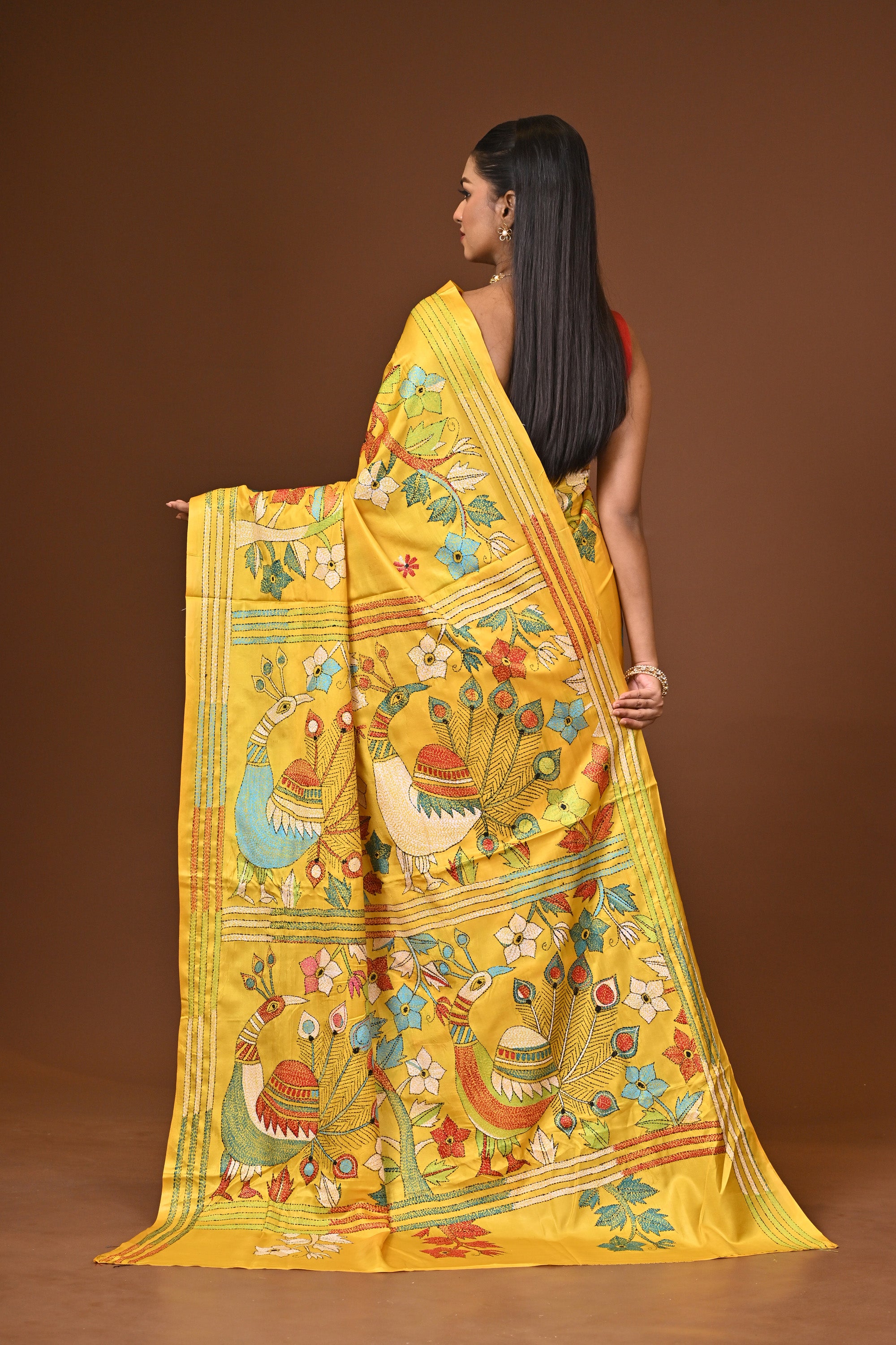 Blended Silk Kantha Stitch Saree Yellow Thumbnail