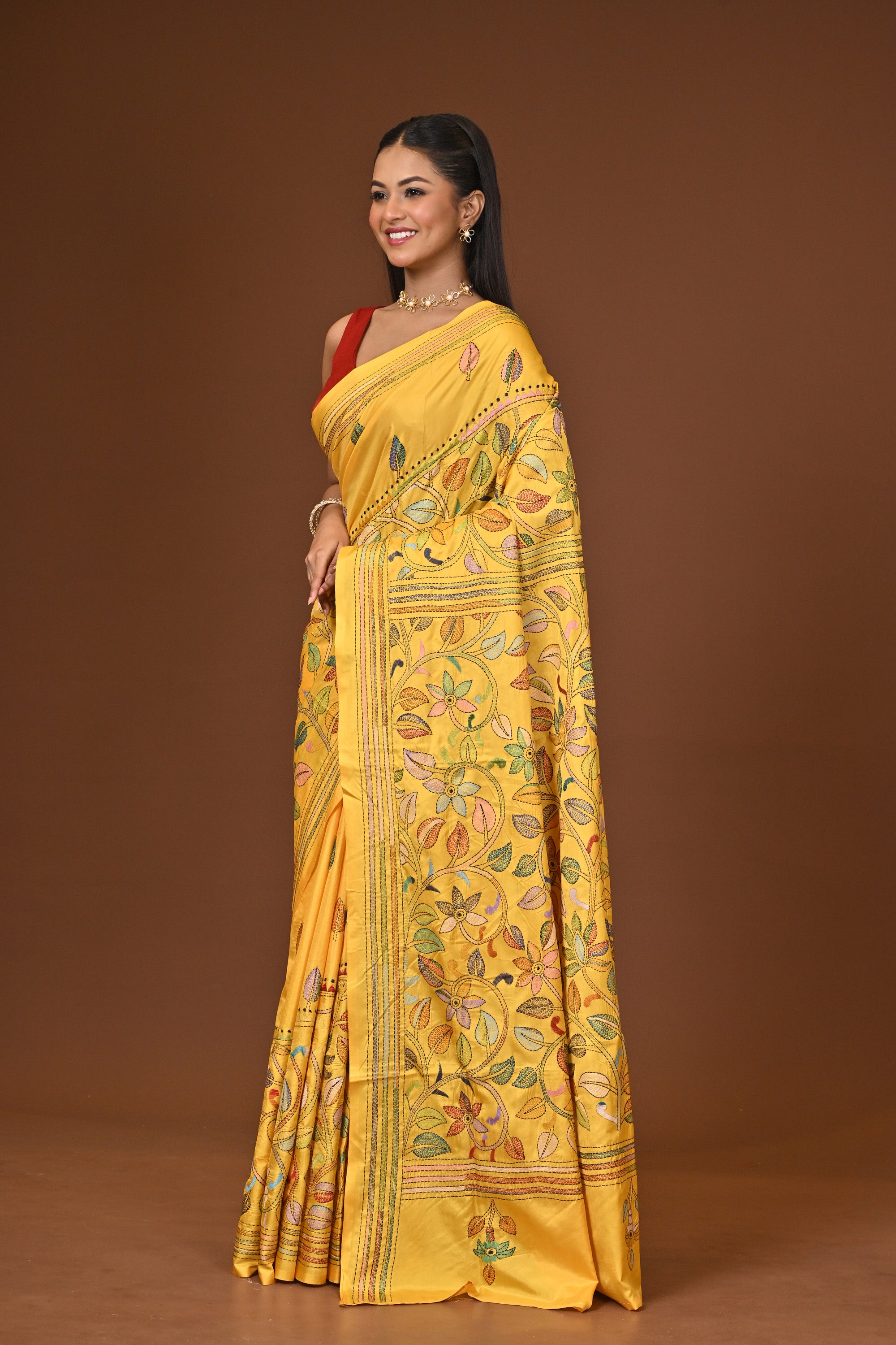 Blended Silk Kantha Stitch Saree Yellow Thumbnail