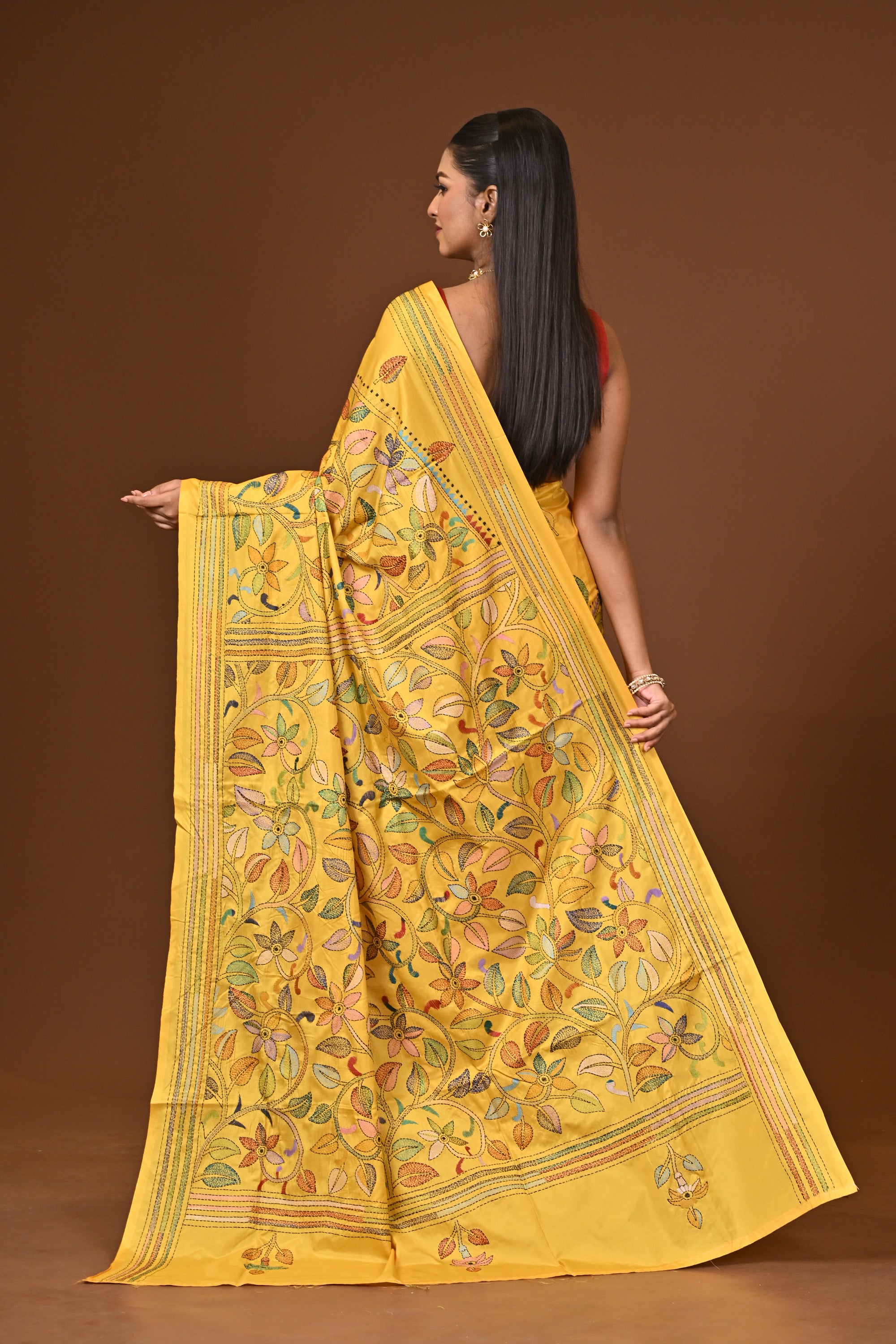 Blended Silk Kantha Stitch Saree Yellow Thumbnail
