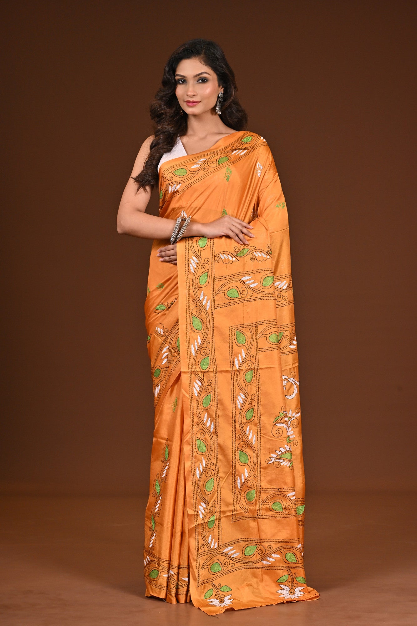 Blended Silk Kantha Stitch Saree Yellow