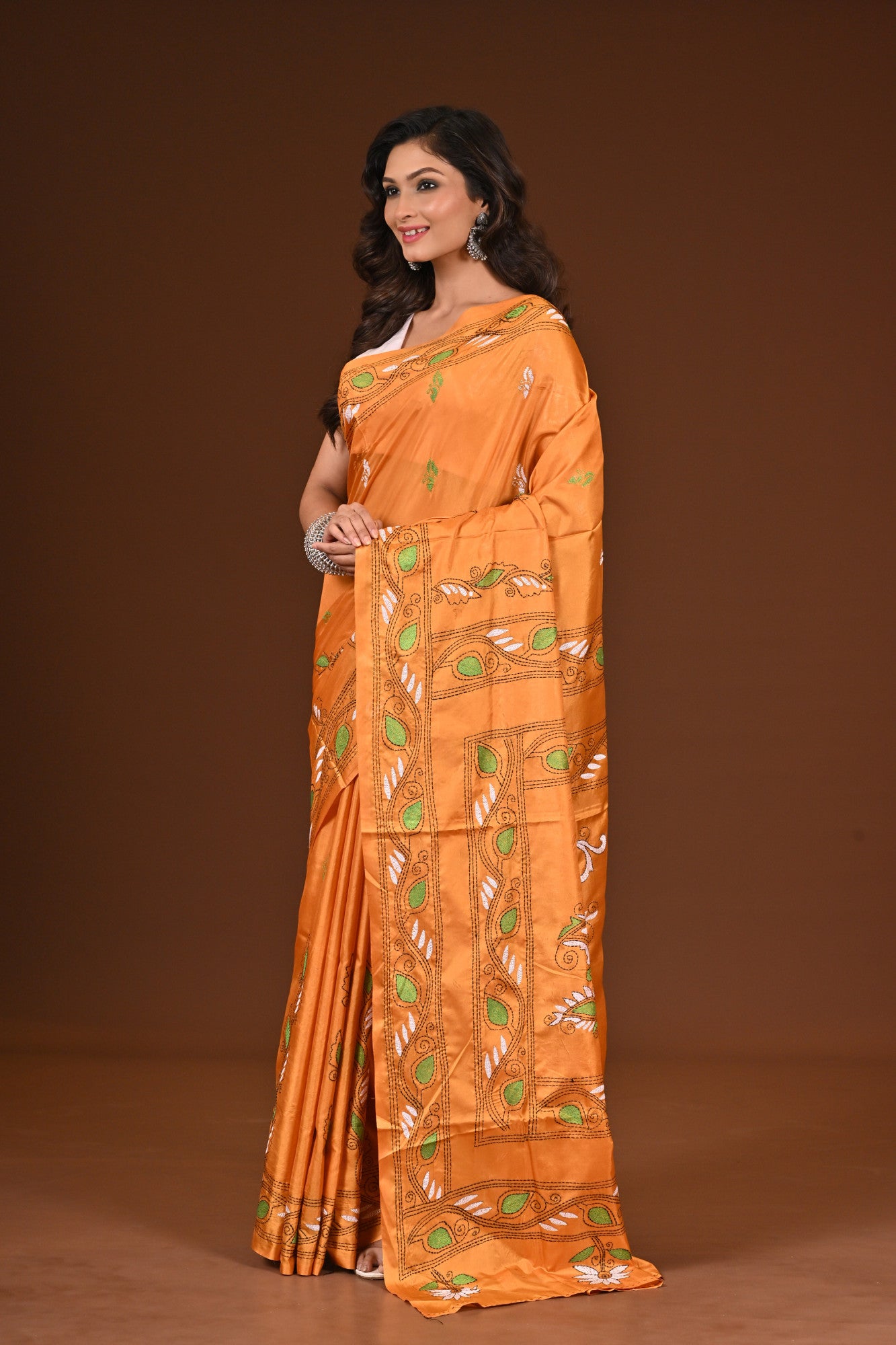 Blended Silk Kantha Stitch Saree Yellow Thumbnail