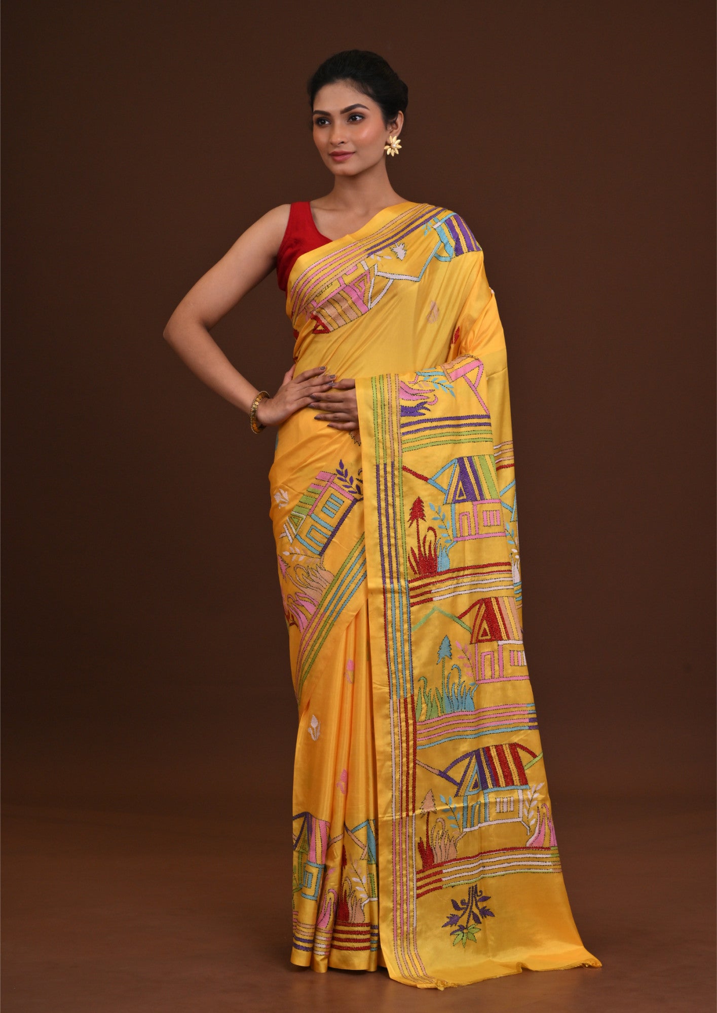 Blended Silk Kantha Stitch Saree Yellow Thumbnail