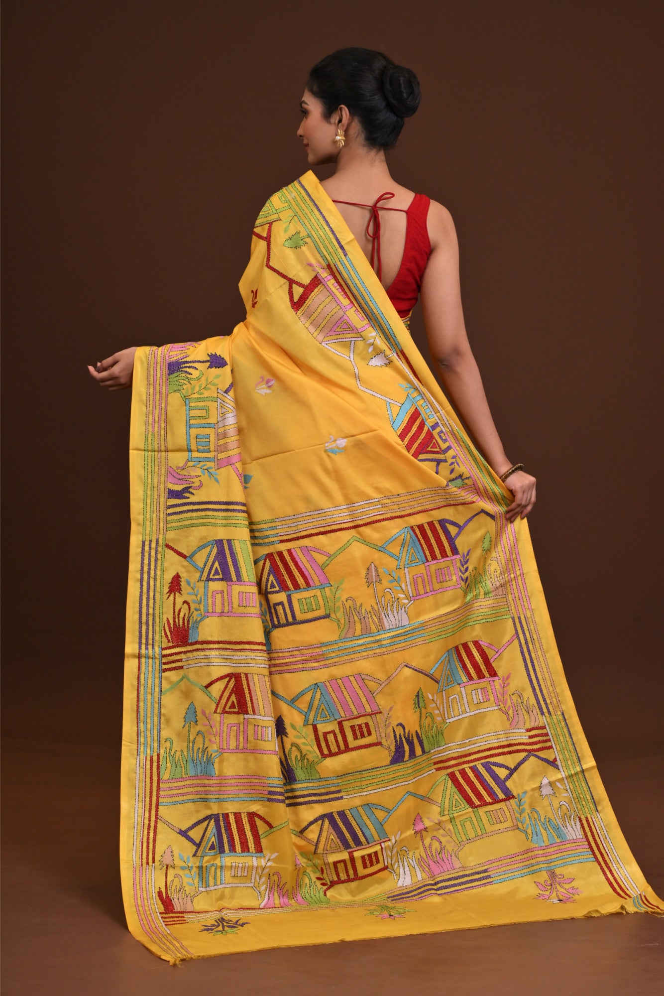 Blended Silk Kantha Stitch Saree Yellow Thumbnail