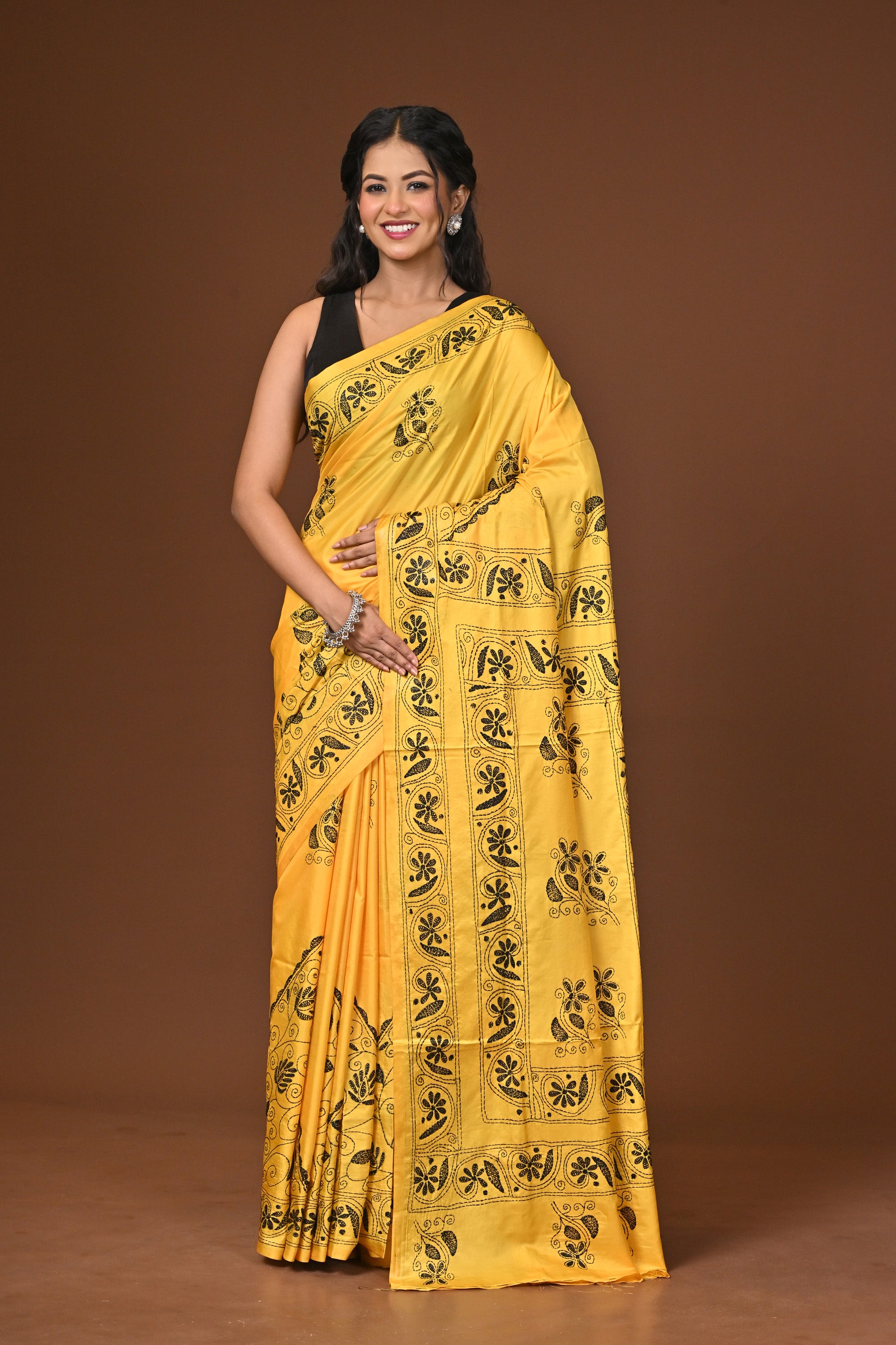 Blended Silk Kantha Stitch Saree Yellow
