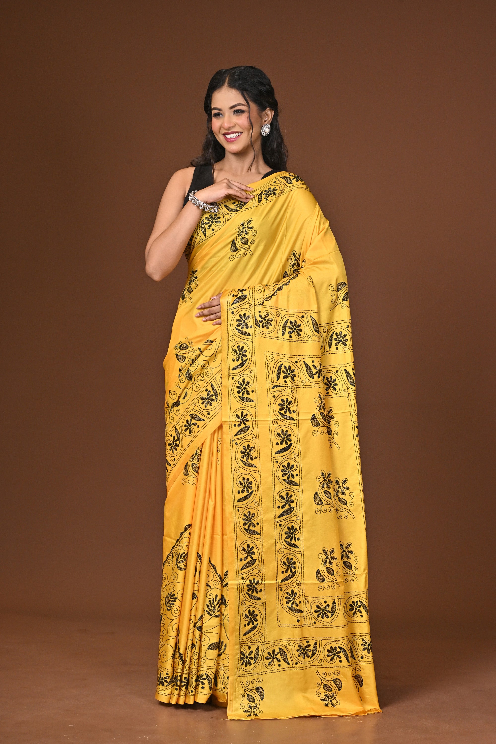 Blended Silk Kantha Stitch Saree Yellow Thumbnail