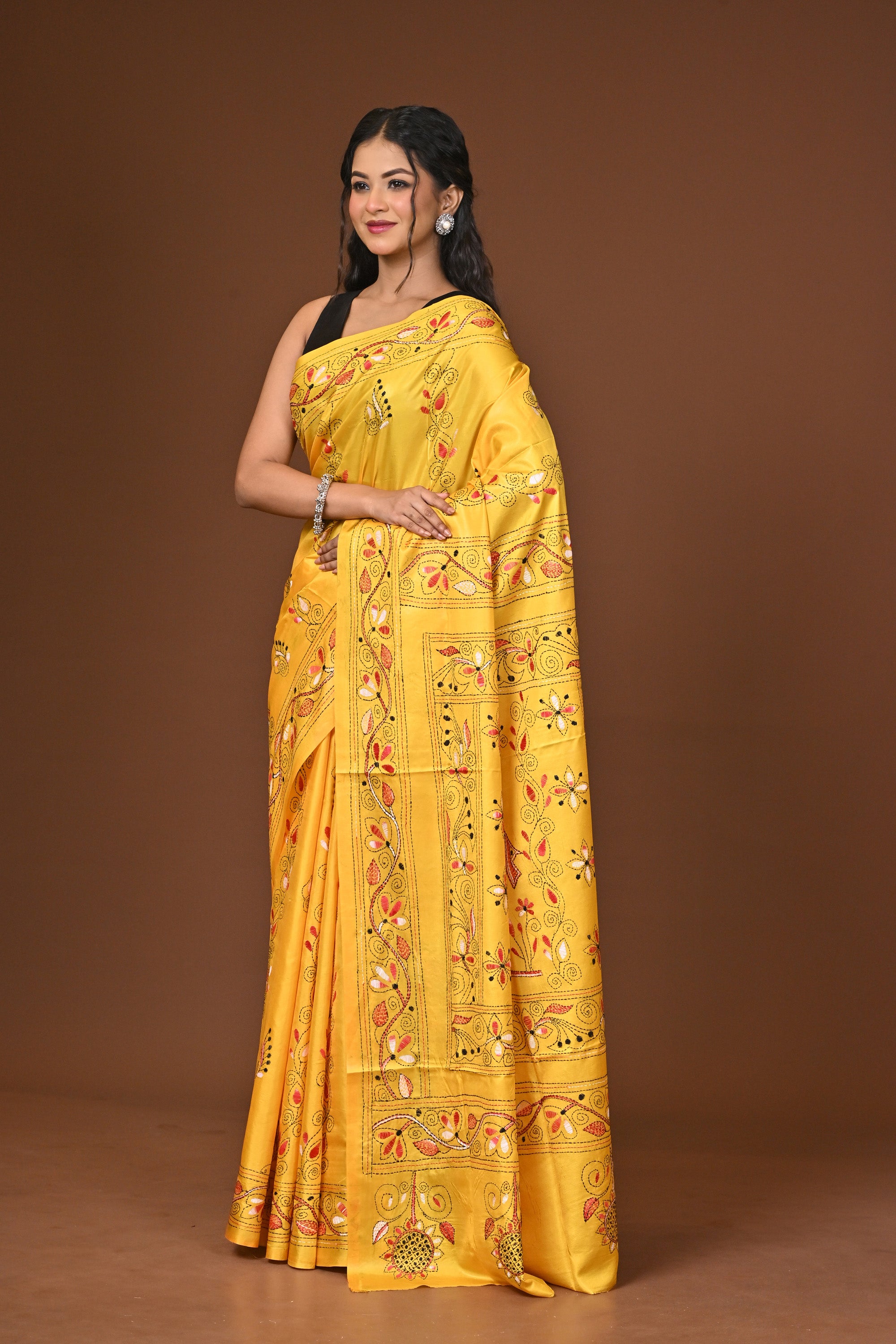 Blended Silk Kantha Stitch Saree Yellow Thumbnail
