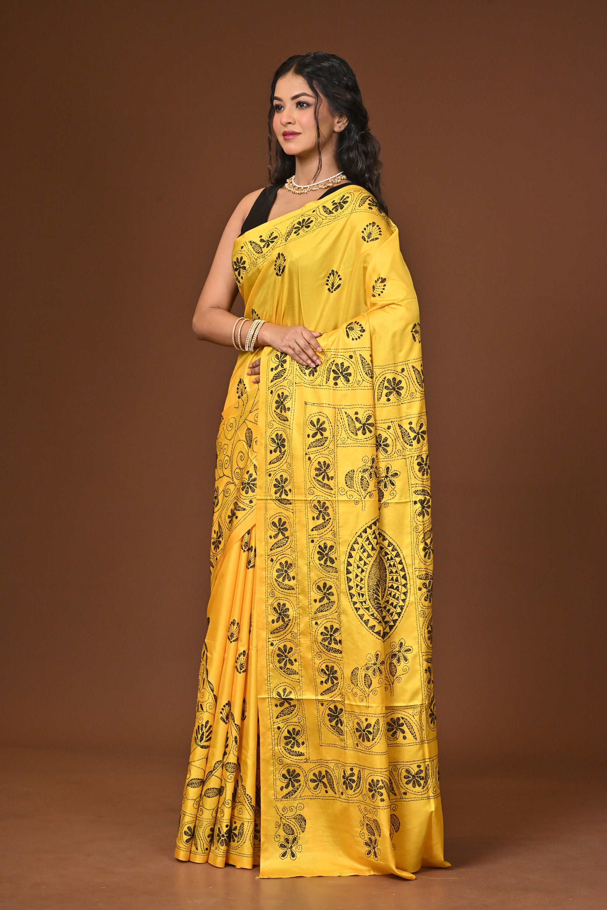 Blended Silk Kantha Stitch Saree Yellow Thumbnail