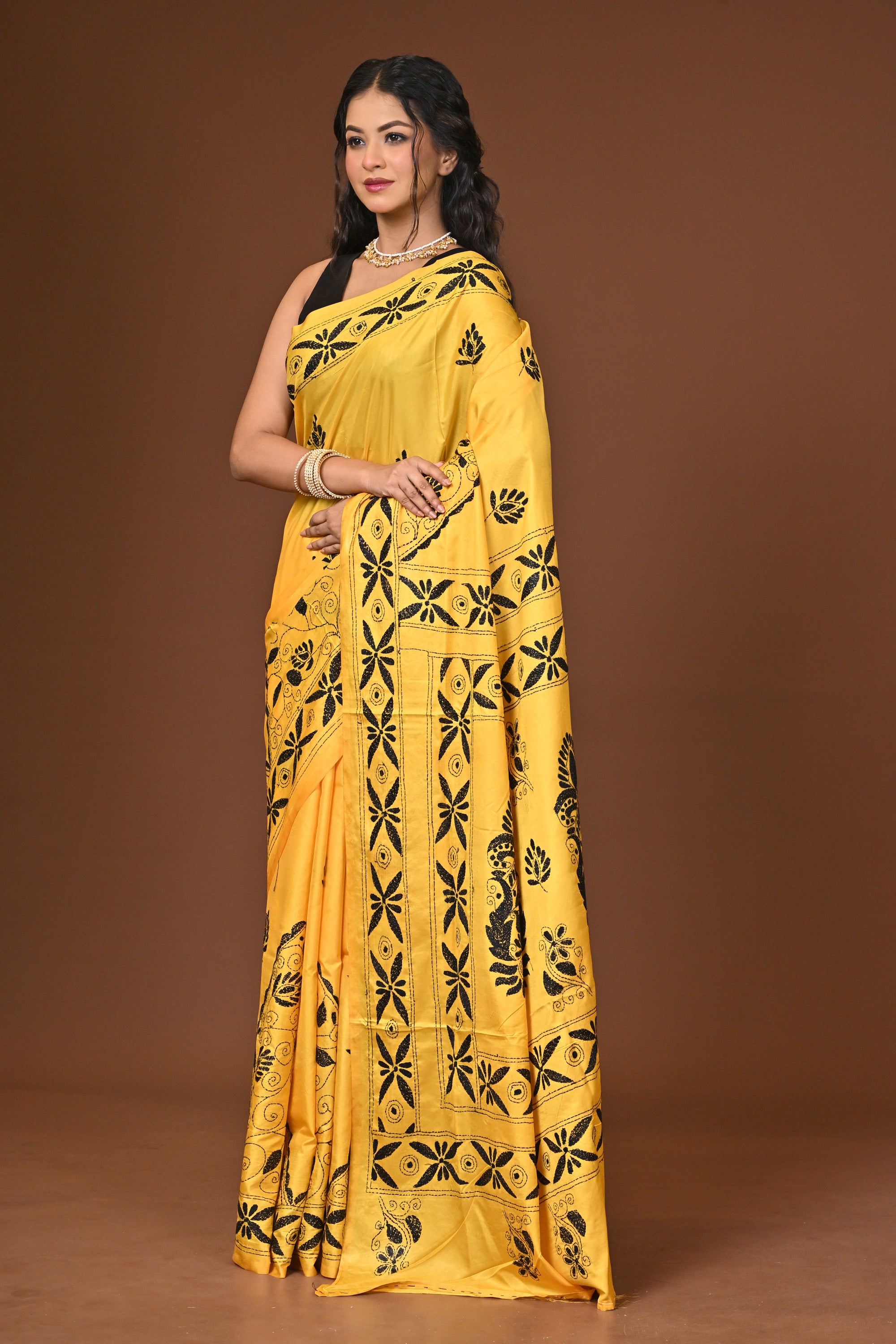 Blended Silk Kantha Stitch Saree Yellow Thumbnail