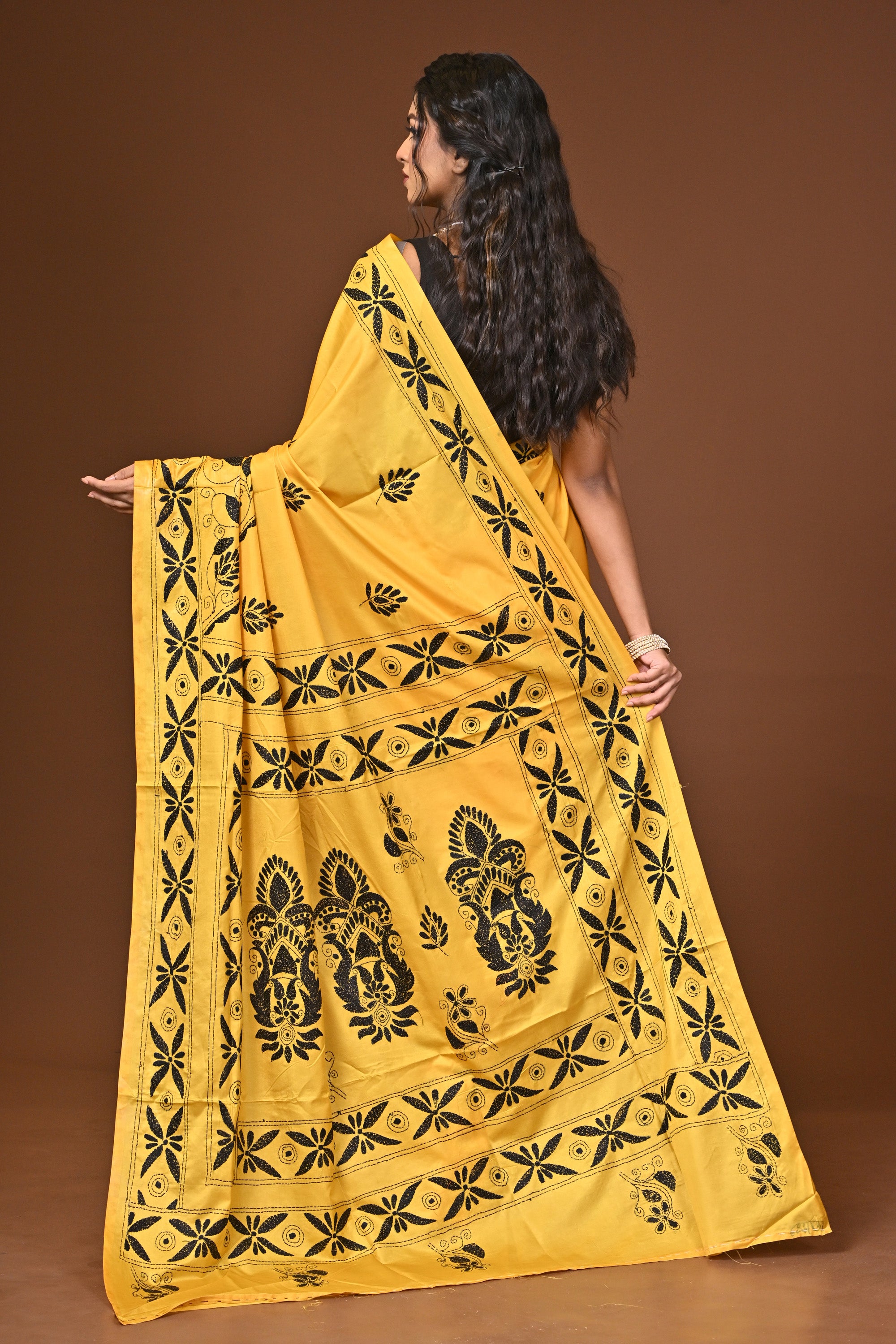Blended Silk Kantha Stitch Saree Yellow Thumbnail