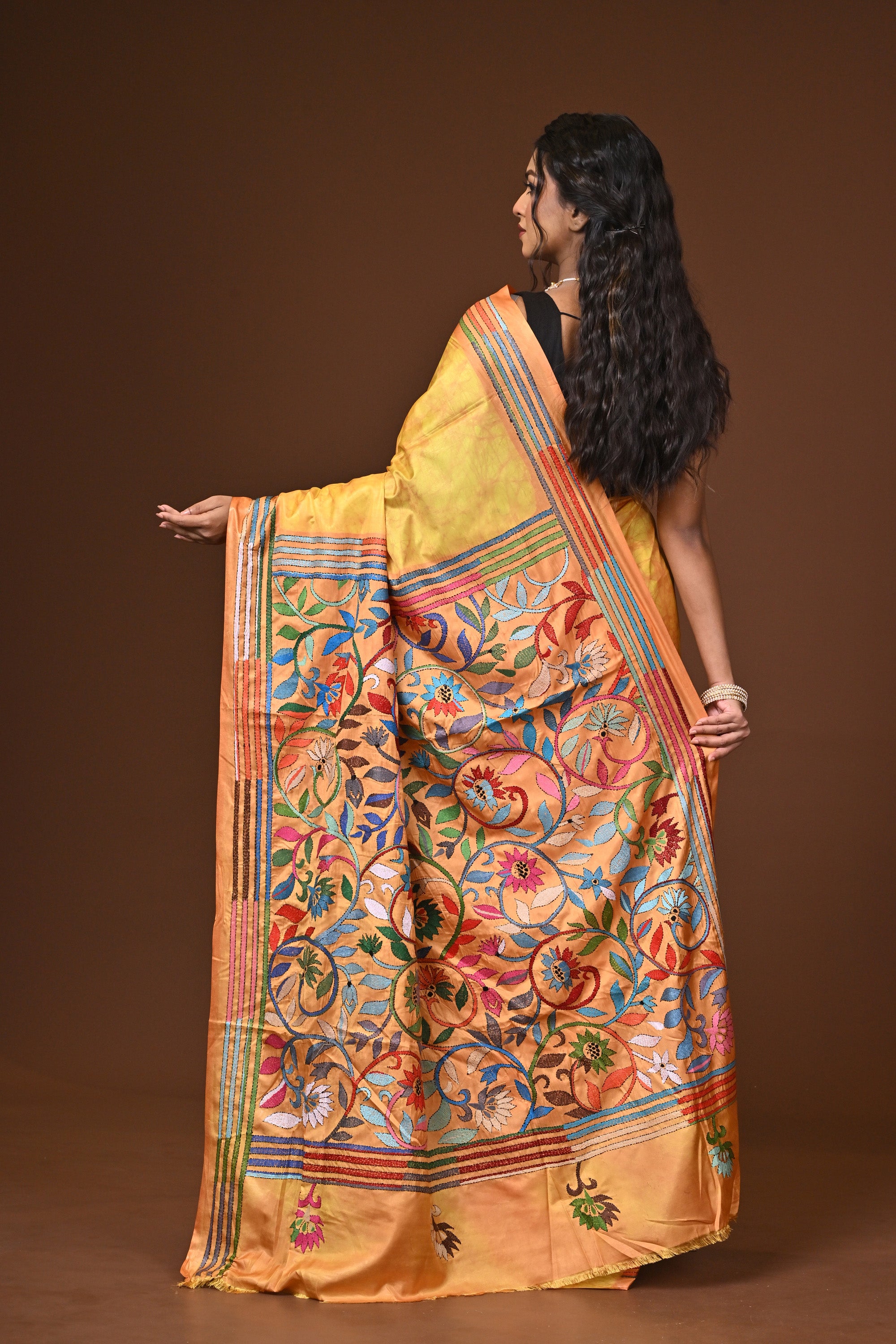 Blended Silk Kantha Stitch Saree Yellow Thumbnail