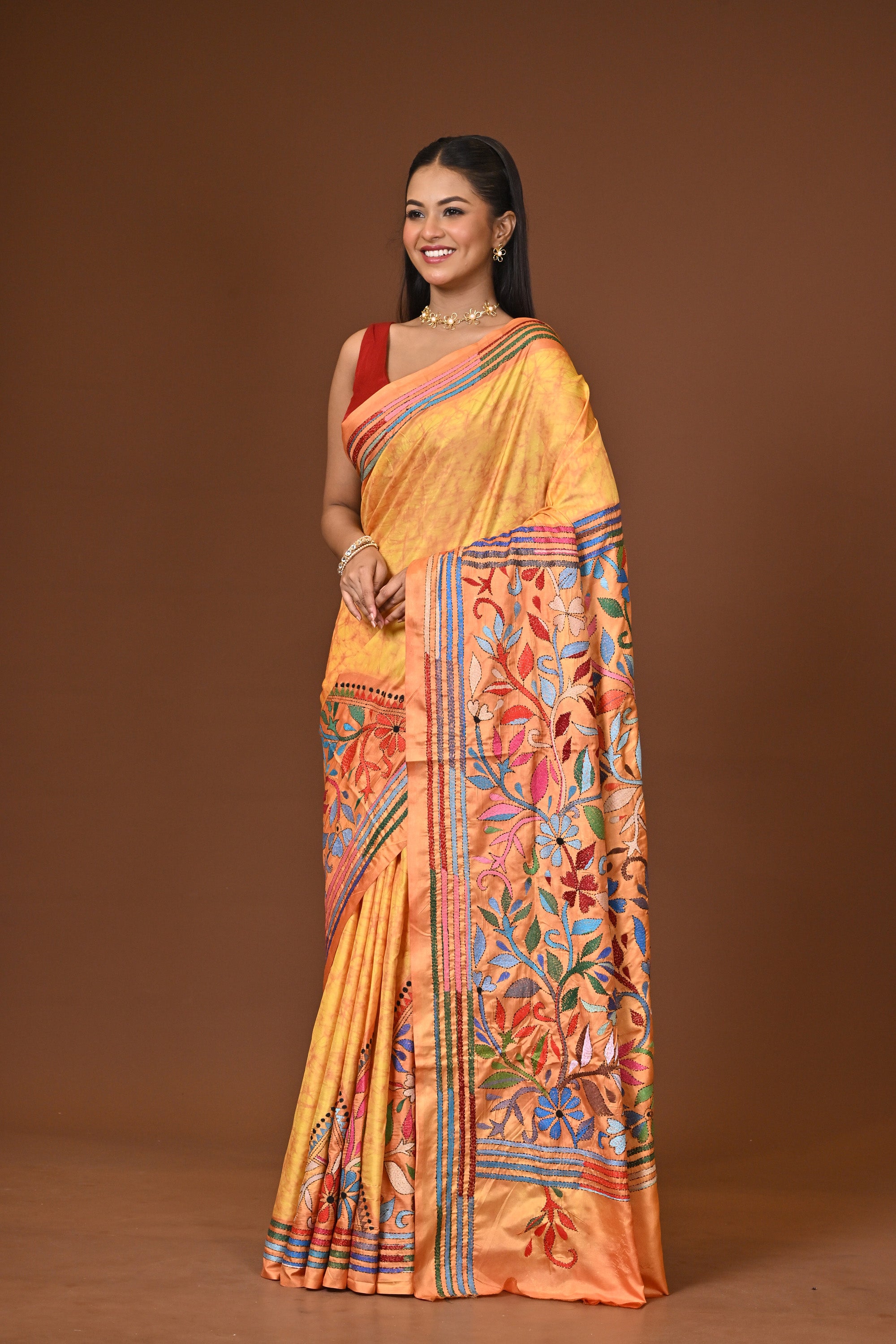 Blended Silk Kantha Stitch Saree Yellow Thumbnail