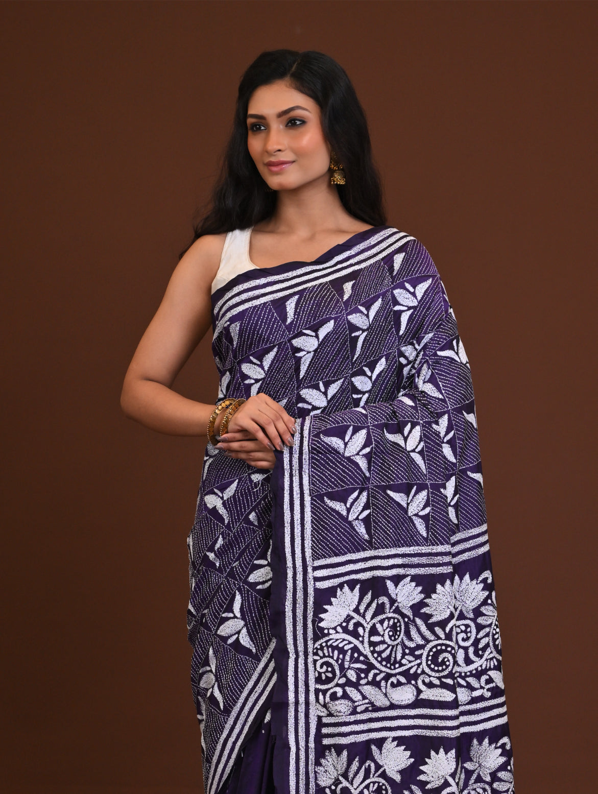 Blended Silk Kantha Stith Saree Blue