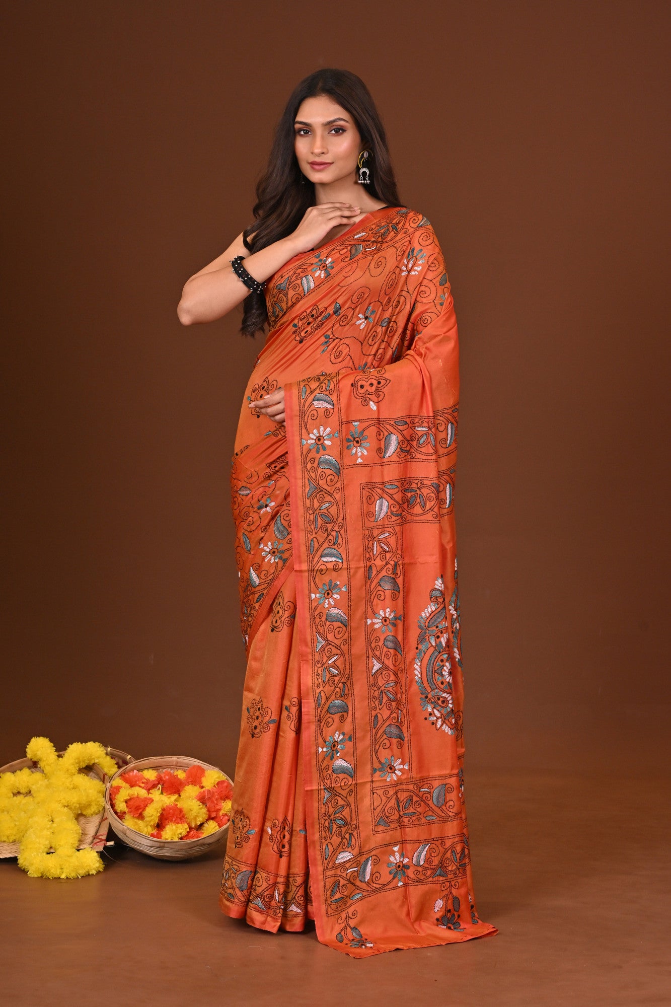Deepanjali Blended Silk Kantha Saree Rust