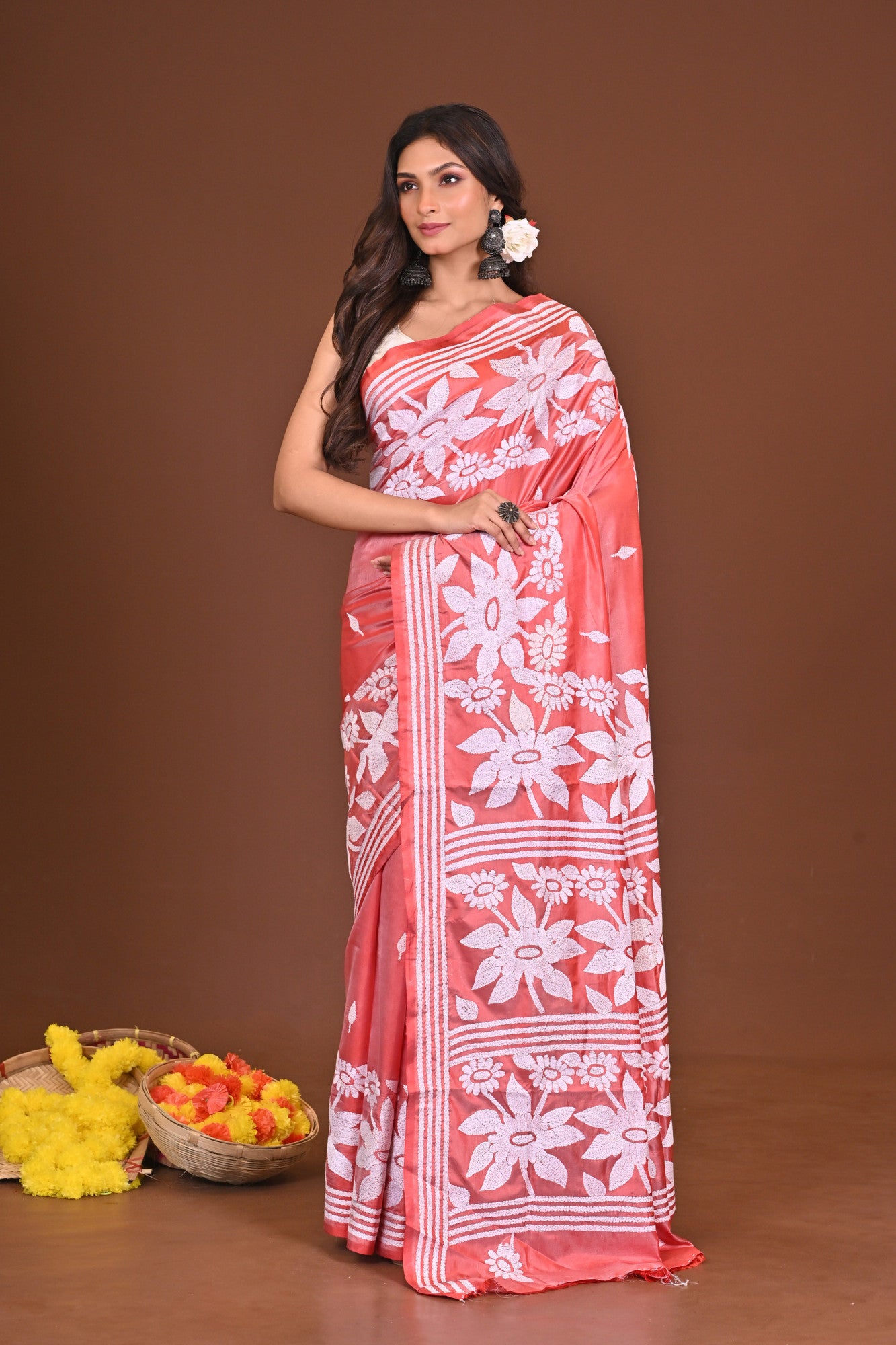 GOLAPKANON Blended Silk Kantha Stitch Saree Pink Thumbnail