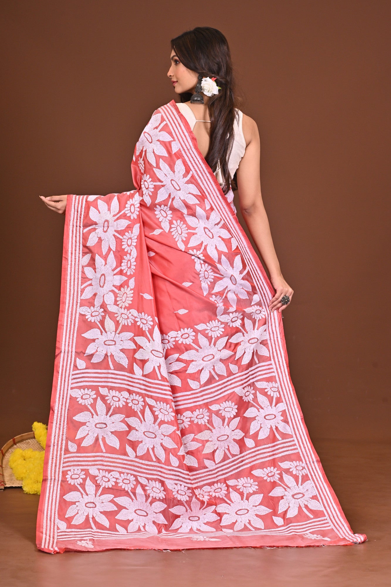 GOLAPKANON Blended Silk Kantha Stitch Saree Pink Thumbnail