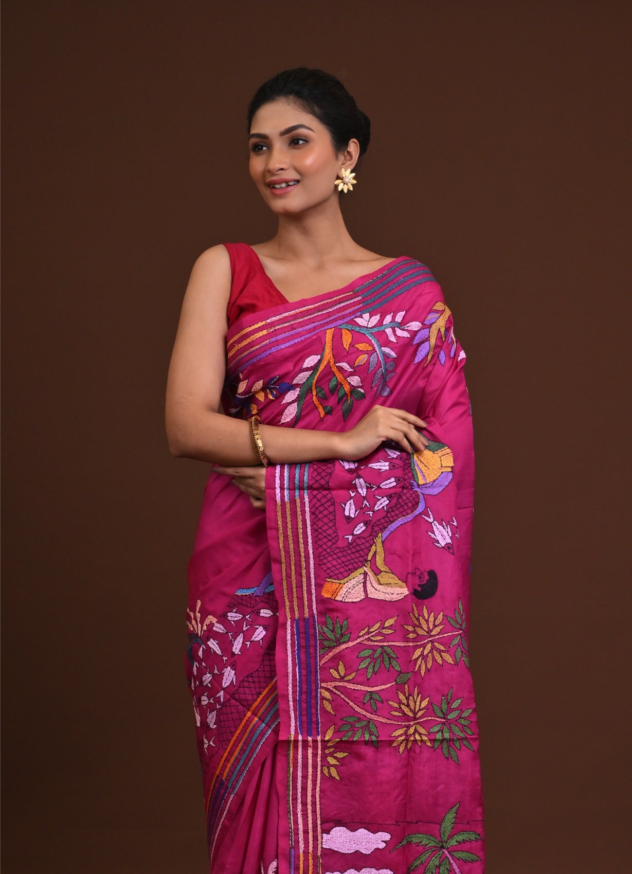 Jalchuri Pure Silk Kantha Stitch Saree Pink
