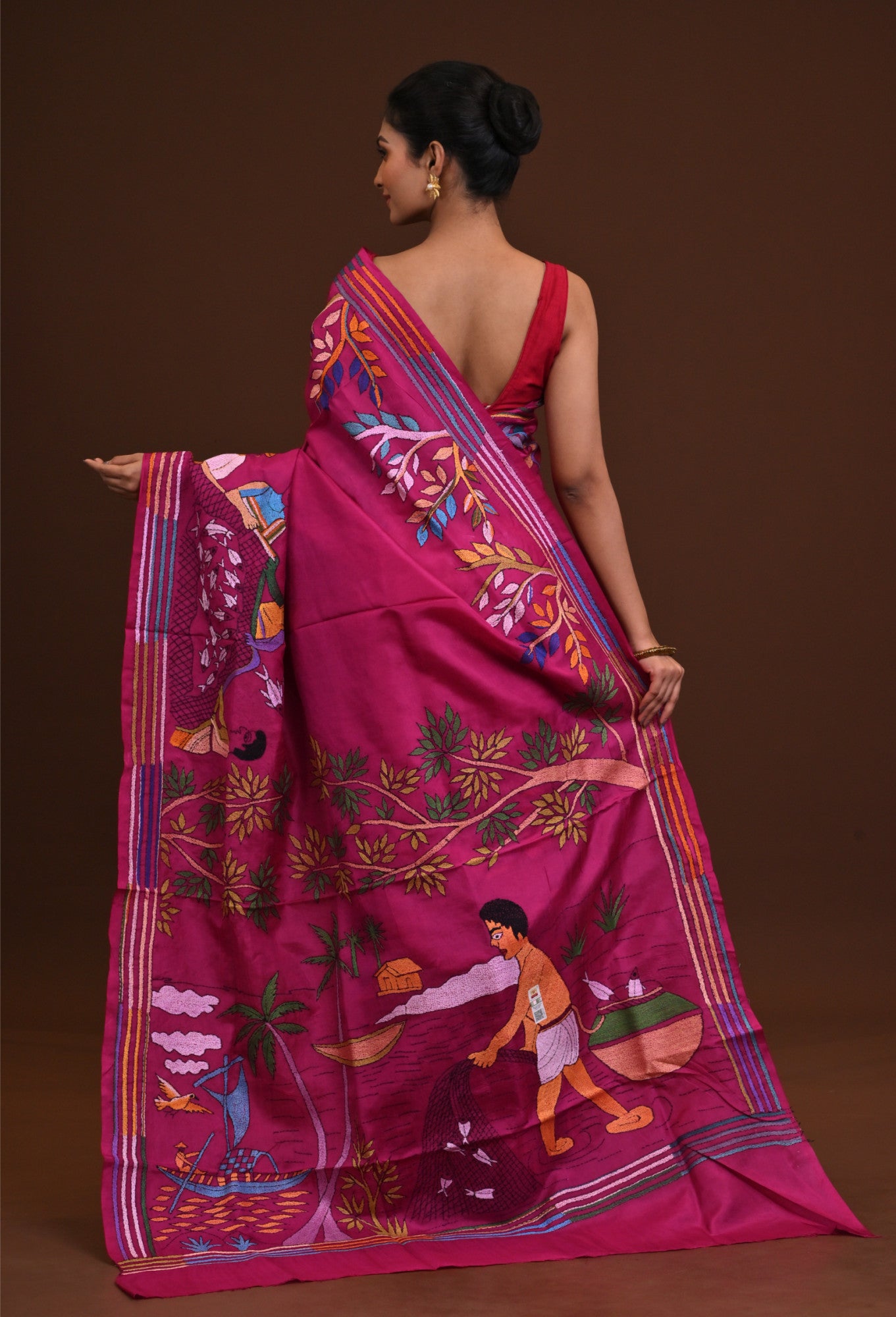 Jalchuri Pure Silk Kantha Stitch Saree Pink Thumbnail