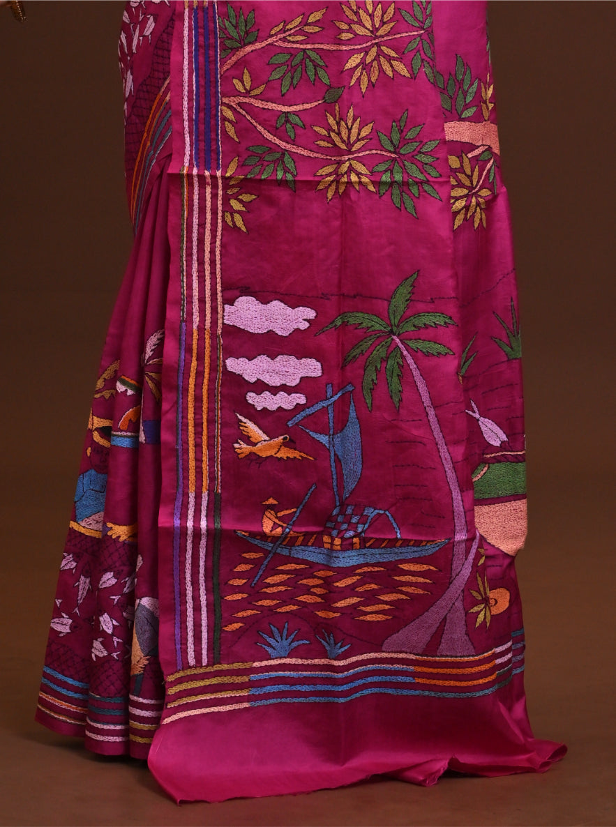 Jalchuri Pure Silk Kantha Stitch Saree Pink Thumbnail