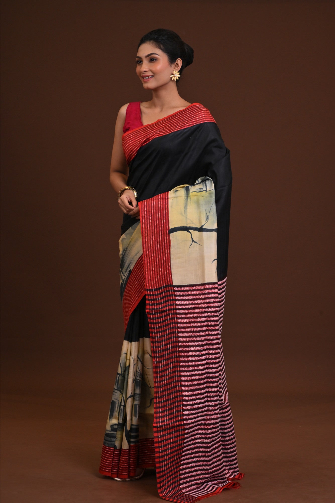 Jalchuri Pure Silk Katha Stitch Saree Black Thumbnail