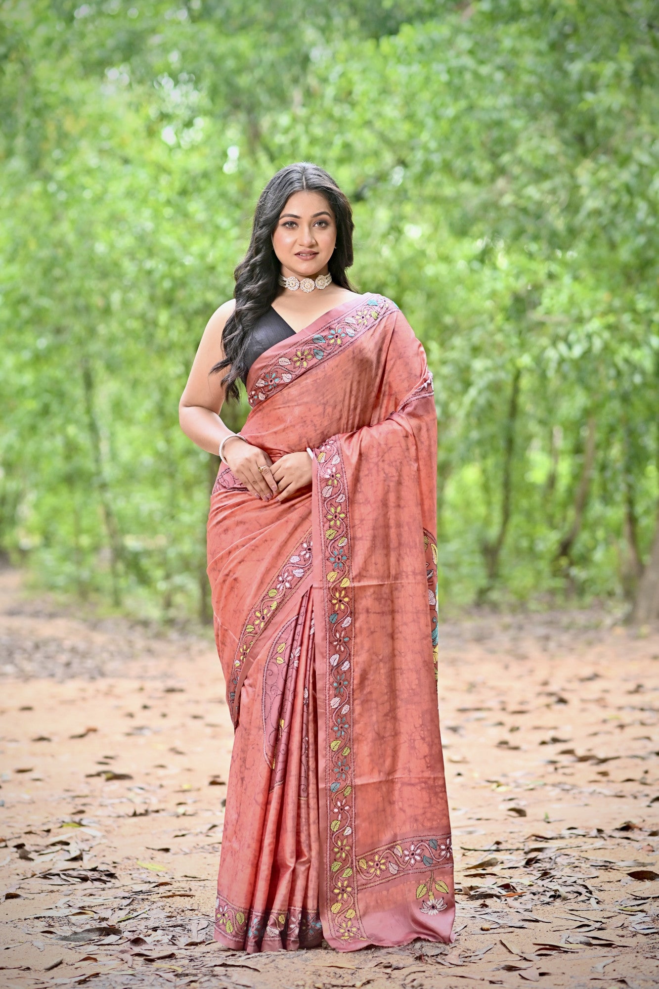 JAYA Blended Silk Kantha Stitch Saree Rust